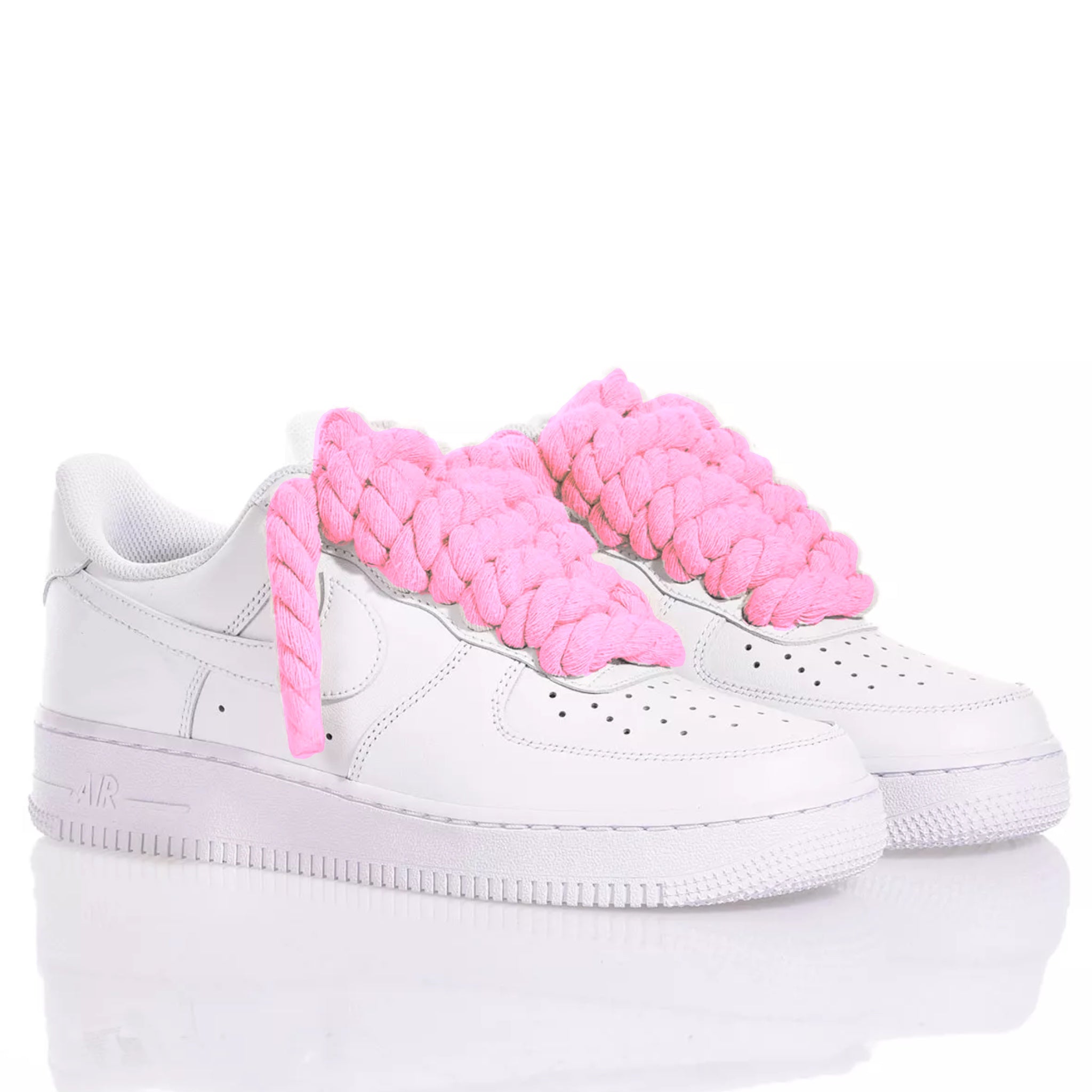 Nike AF1 with Thick Rope Laces – Custom Drilled Design. Pink 10 mm rope laces inserted in classic white Nike AF1 sneakers