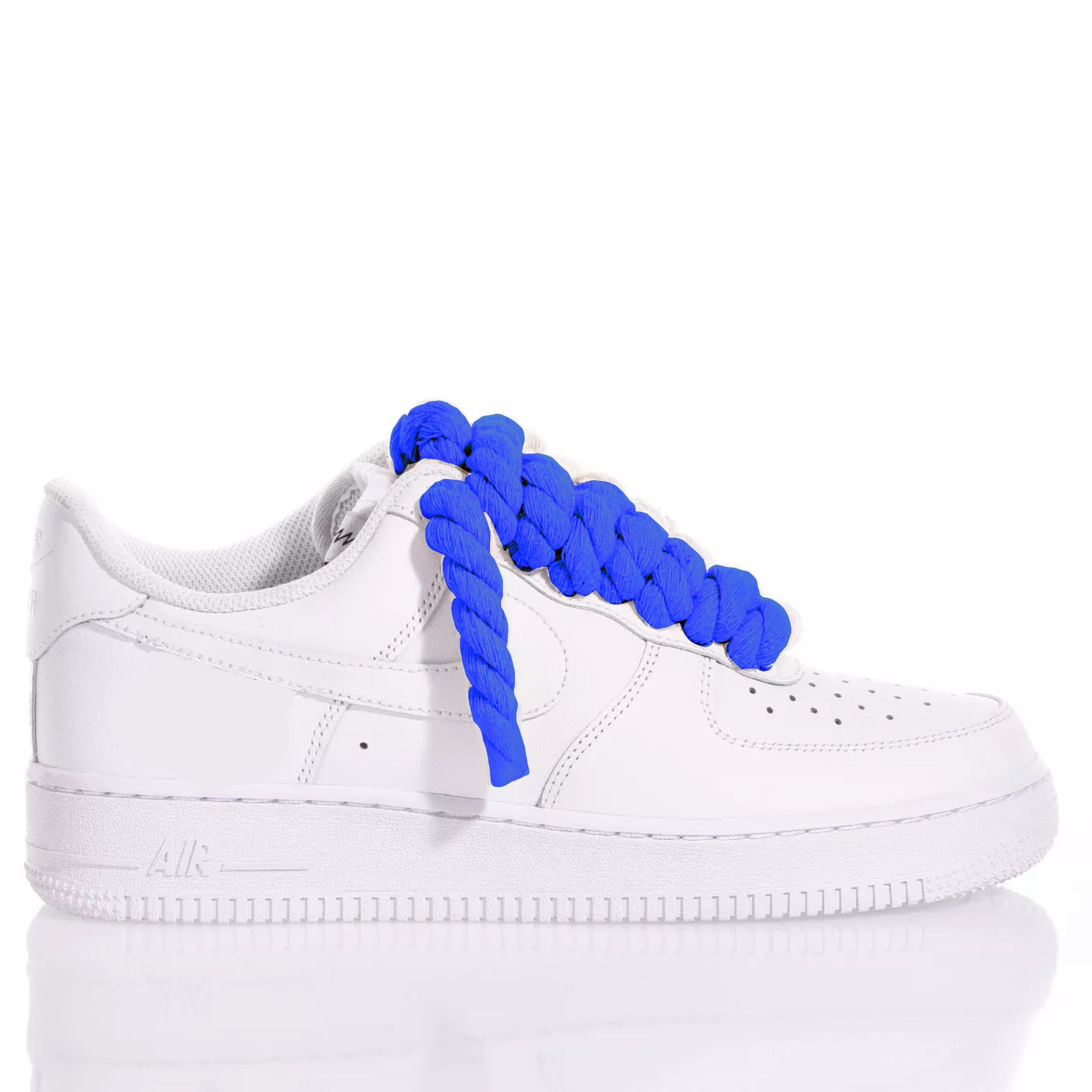 Nike AF1 with Thick Rope Laces – Custom Drilled Design with Royal Blue shoelaces in white sneakers.