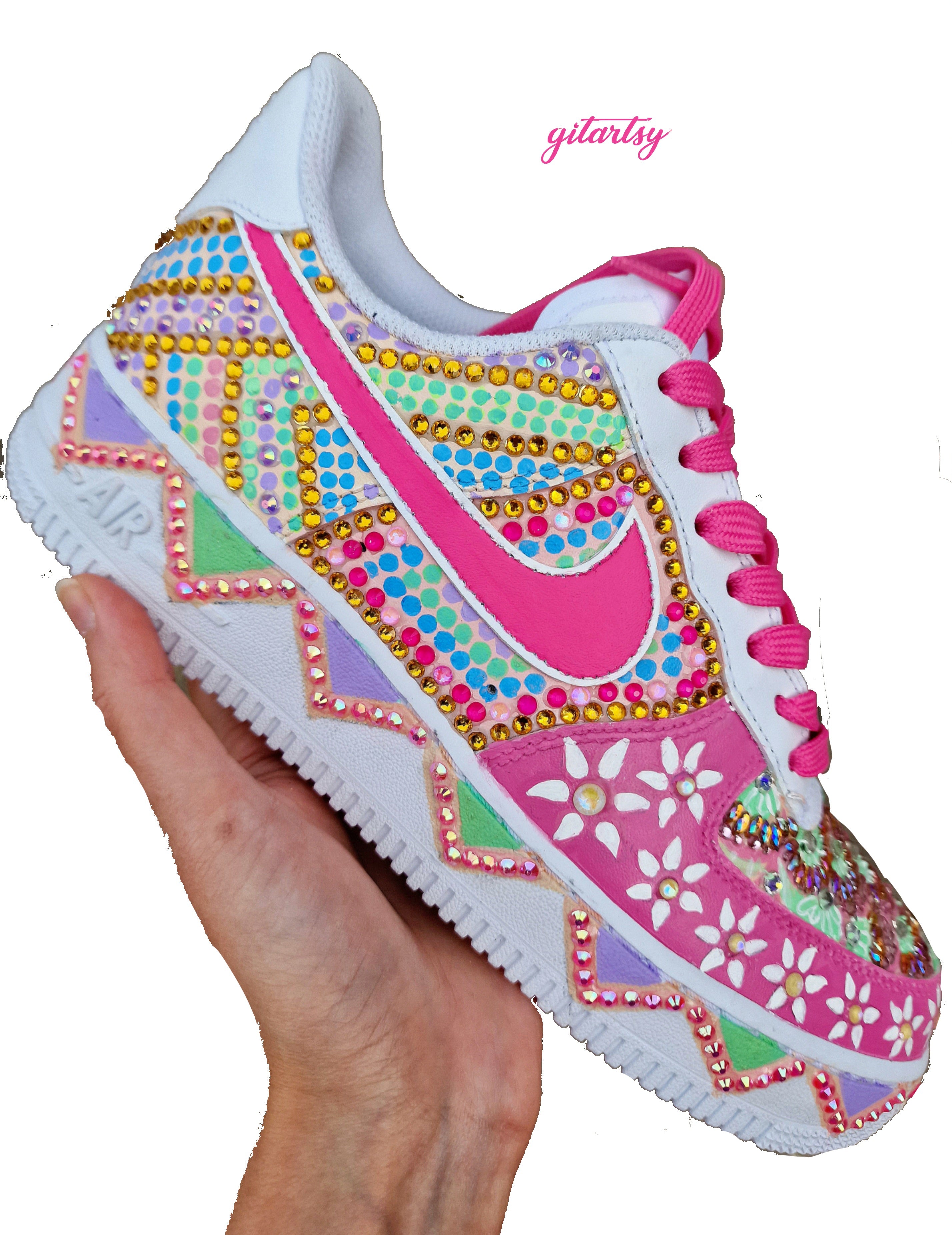 Papa dont preach inspired indian bridal wedding sneakers Nike AF1 - hand painted and embellished with crystals and pearls - neon colours and floral / zigzag patterns