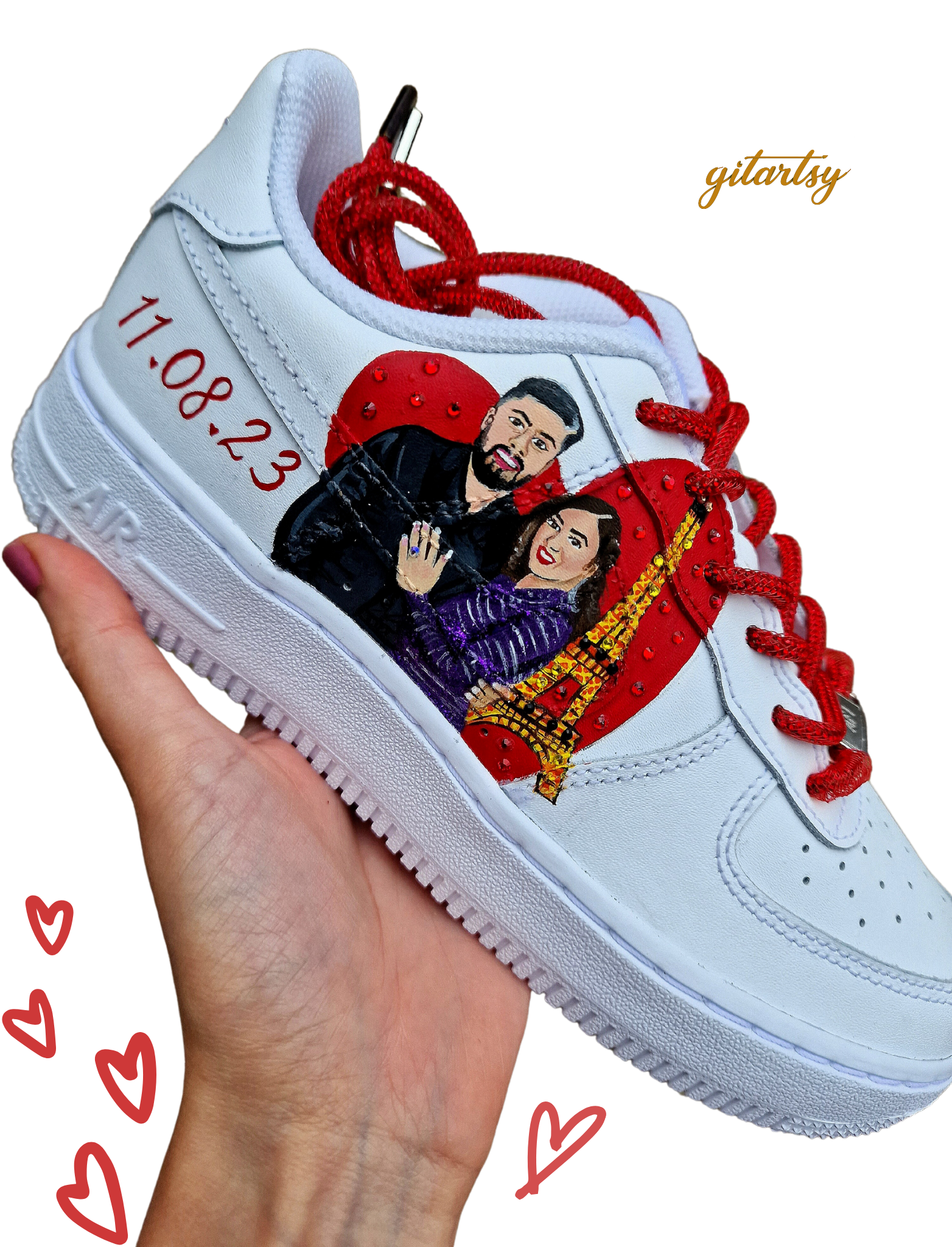 Custom Nike AF1 sneakers with Paris proposal wedding love story