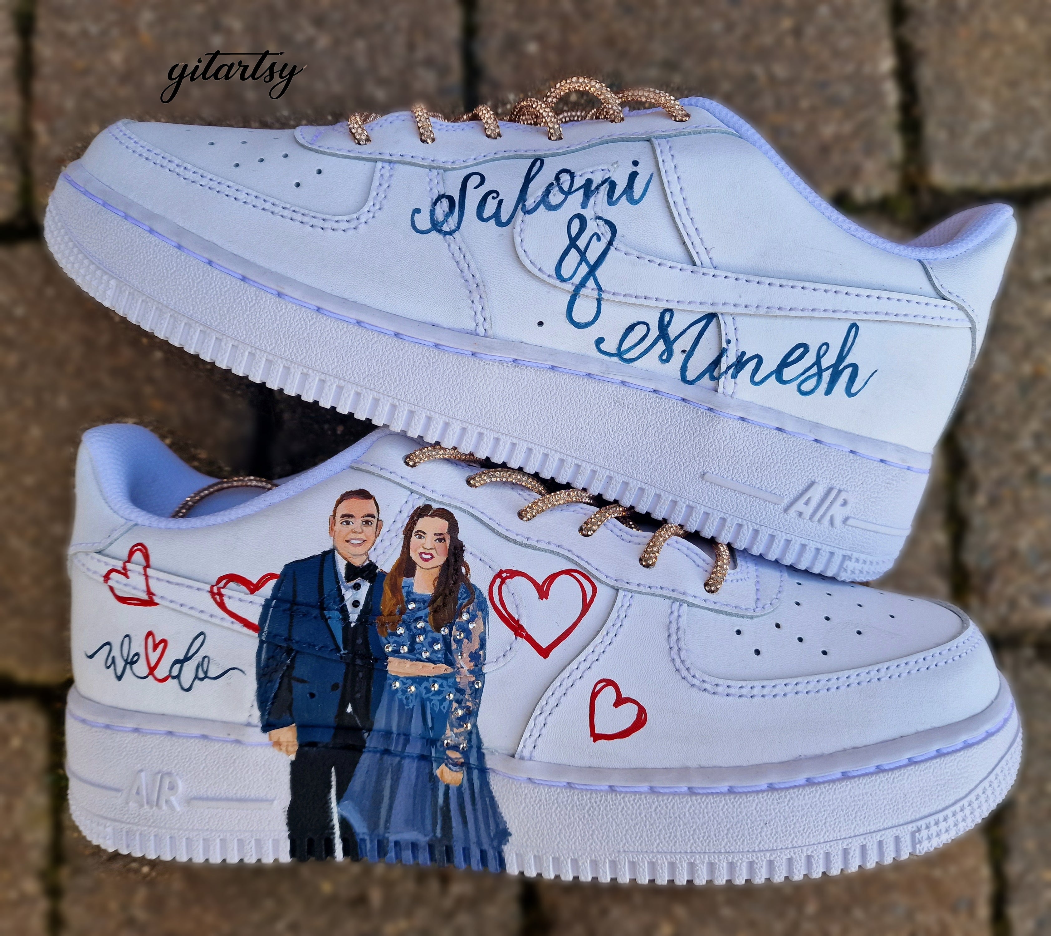 Personalised “We Do” Nike AF1 sneakers with custom couple portraits