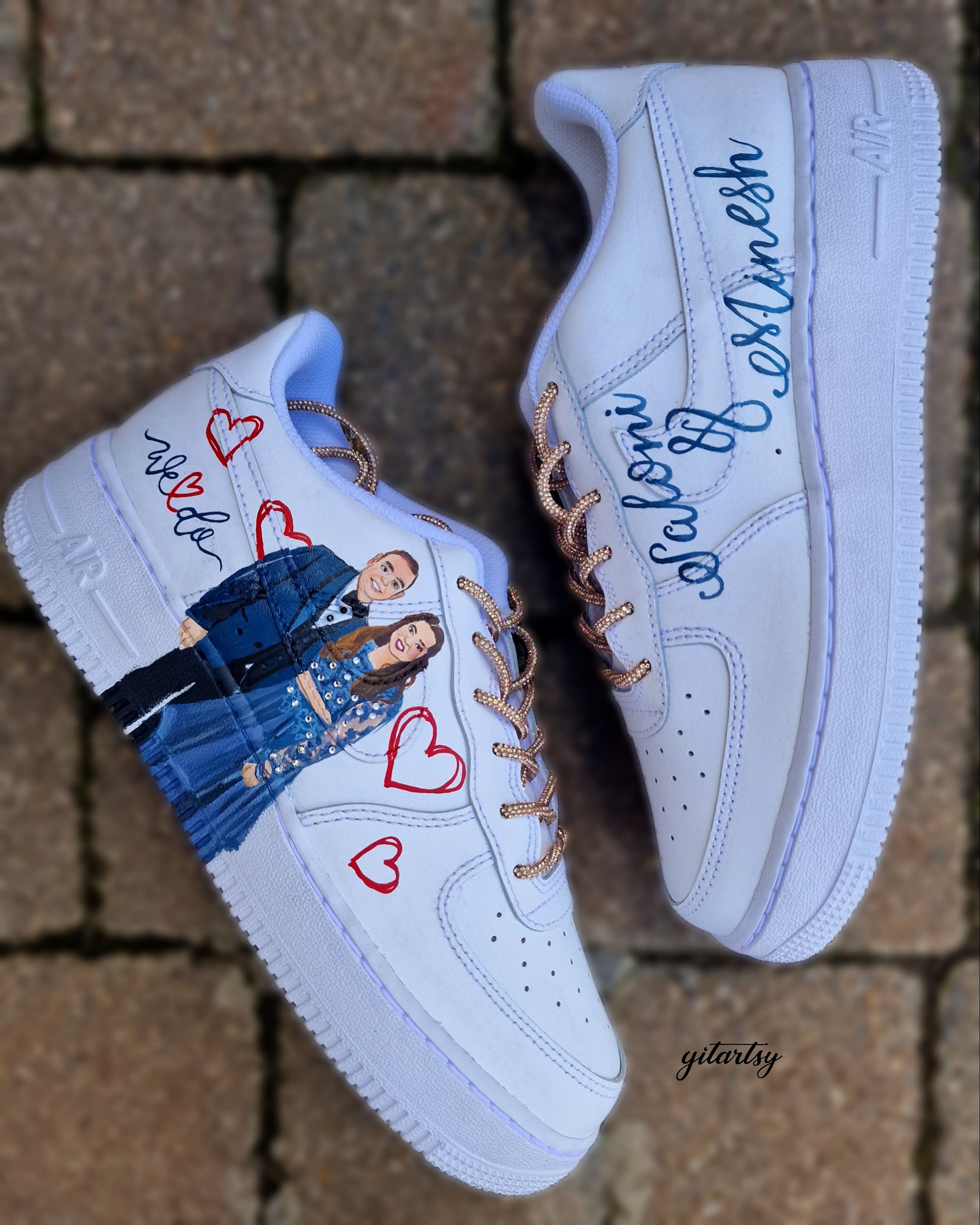 Custom wedding Nike AF1 sneakers featuring “We Do” and couple artwork