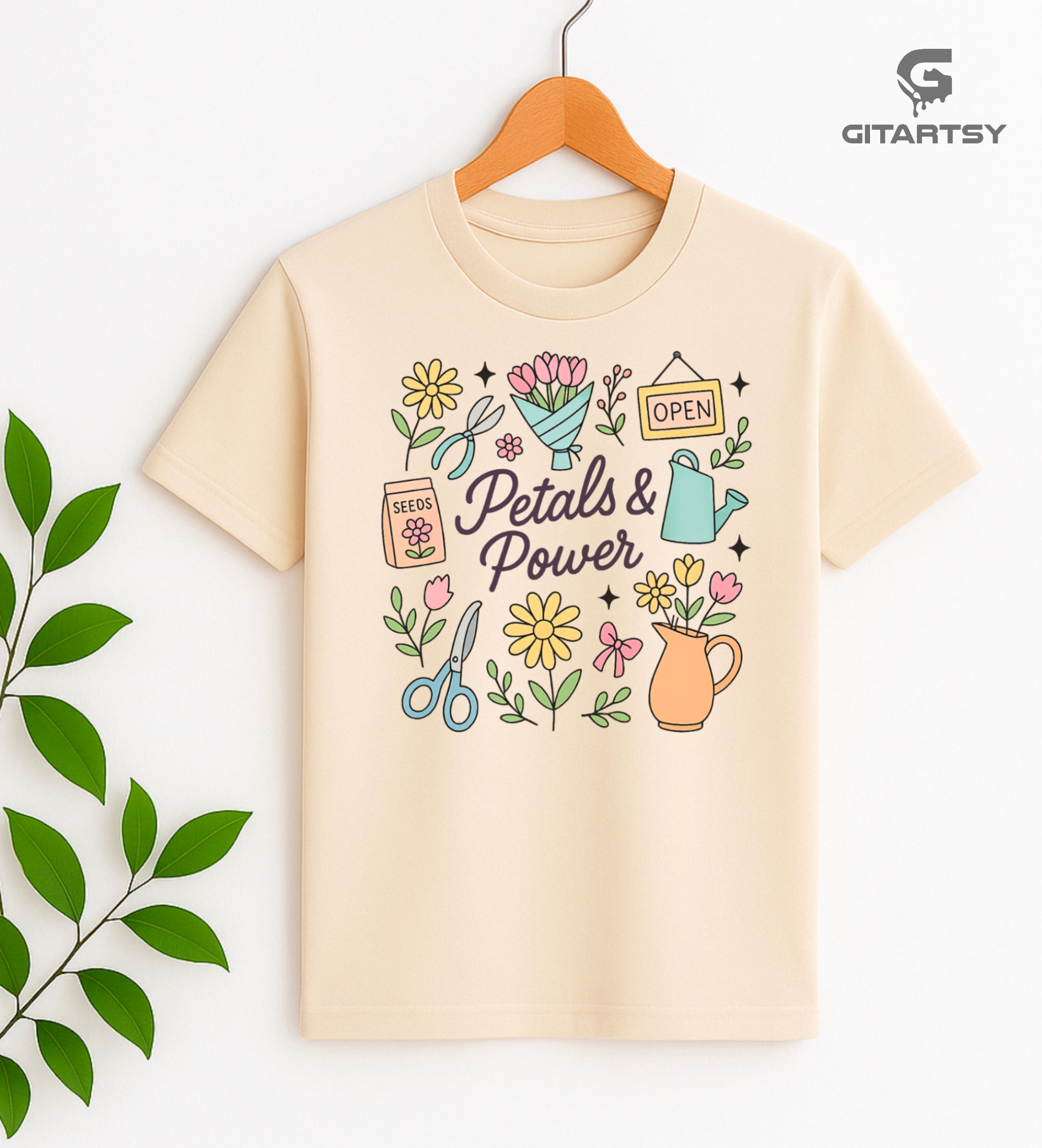 Petals & Power Florist T-Shirt – Cute Pastel Flower Illustration Tee for Florists & Plant Lovers – beige tshirt with pastel coloured florist designs