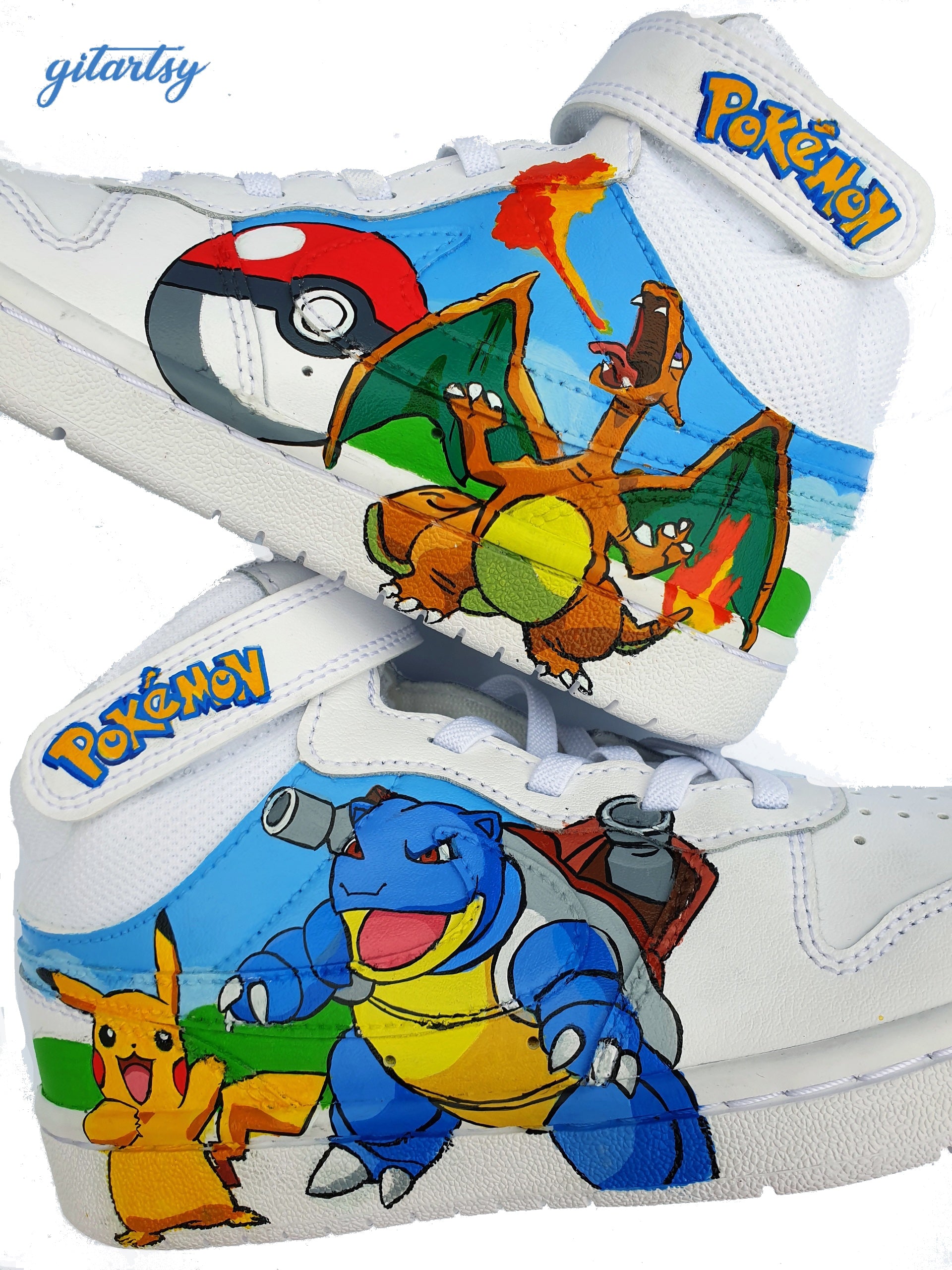 Custom hand-painted Pokémon Nike AF1 Kids Sneakers featuring detailed portraits of Pikachu, Charizard breathing fire, and Blastoise with cannons, along with a Pokéball and vivid backgrounds. Each pair is individually painted on white Nike Air Force 1 high-tops with vibrant, waterproof, crack-resistant paints and a protective sealant for long-lasting colour. The Pokémon logo appears on the velcro strap, making them the perfect wearable artwork for young Pokémon fans and collectors.