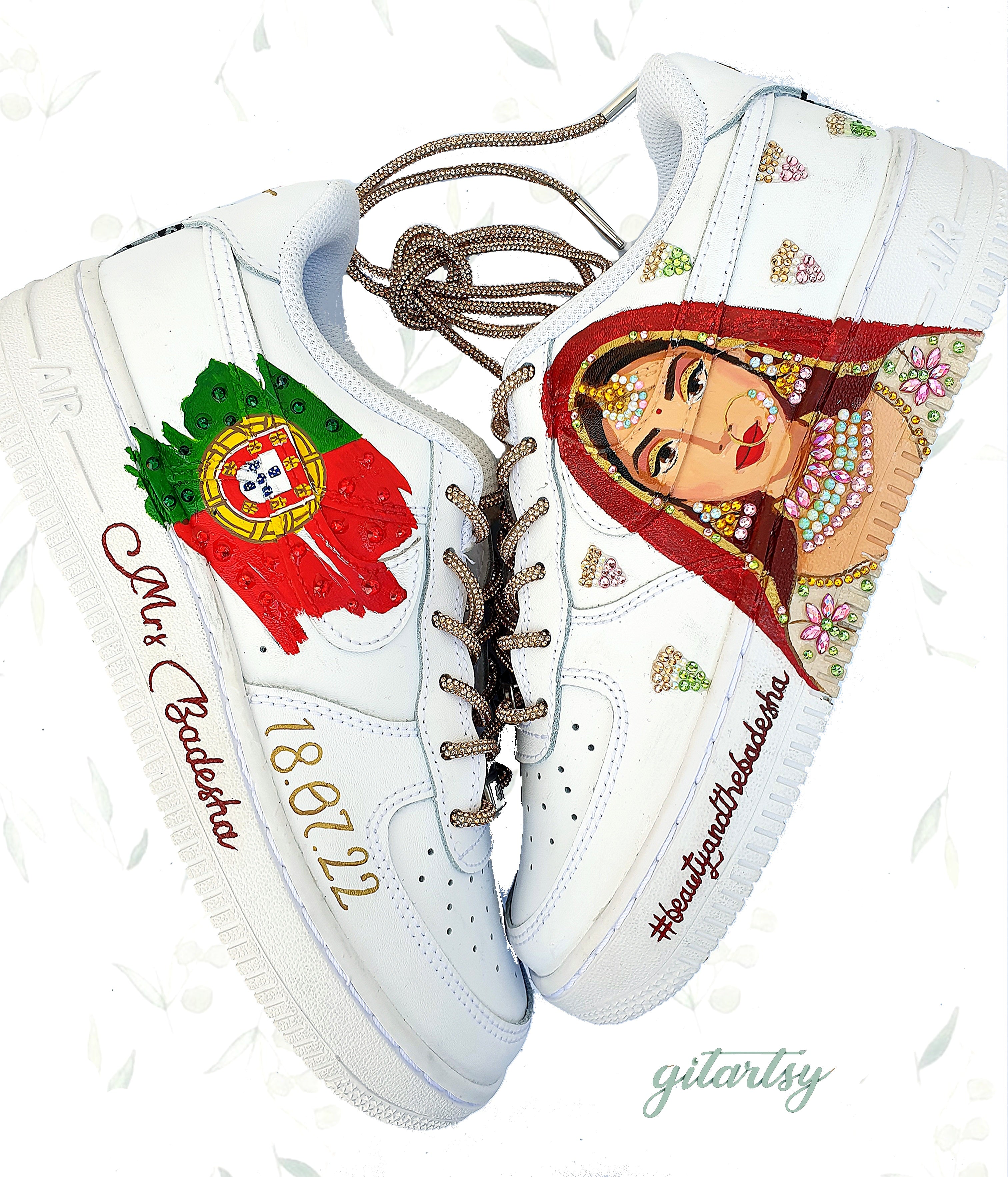 Hand-painted Portugal Indian bride motifs on custom Nike AF1s