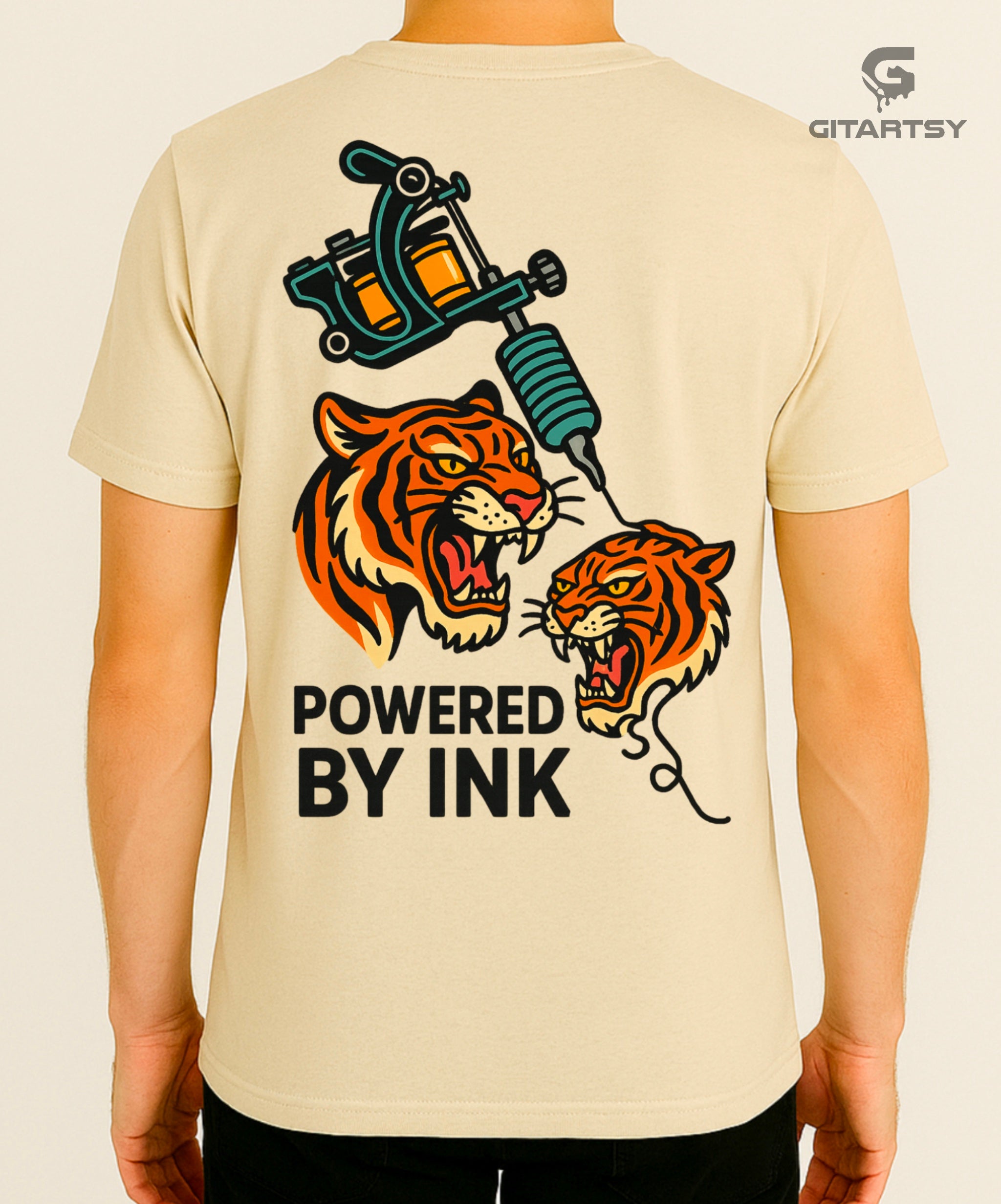 Powered by Ink Tattoo Artist T-Shirt – Beige Unisex Tee with Vibrant Tiger &  Tattoo Gun Design beige