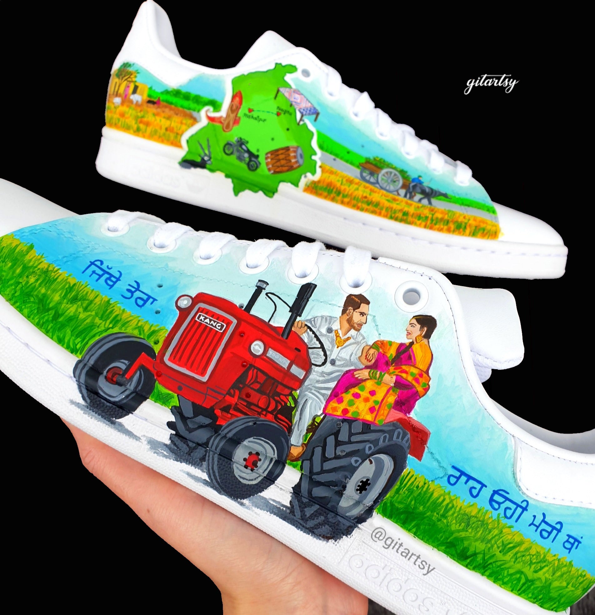 Custom bridal Adidas sneakers with Punjabi couple wedding love story design