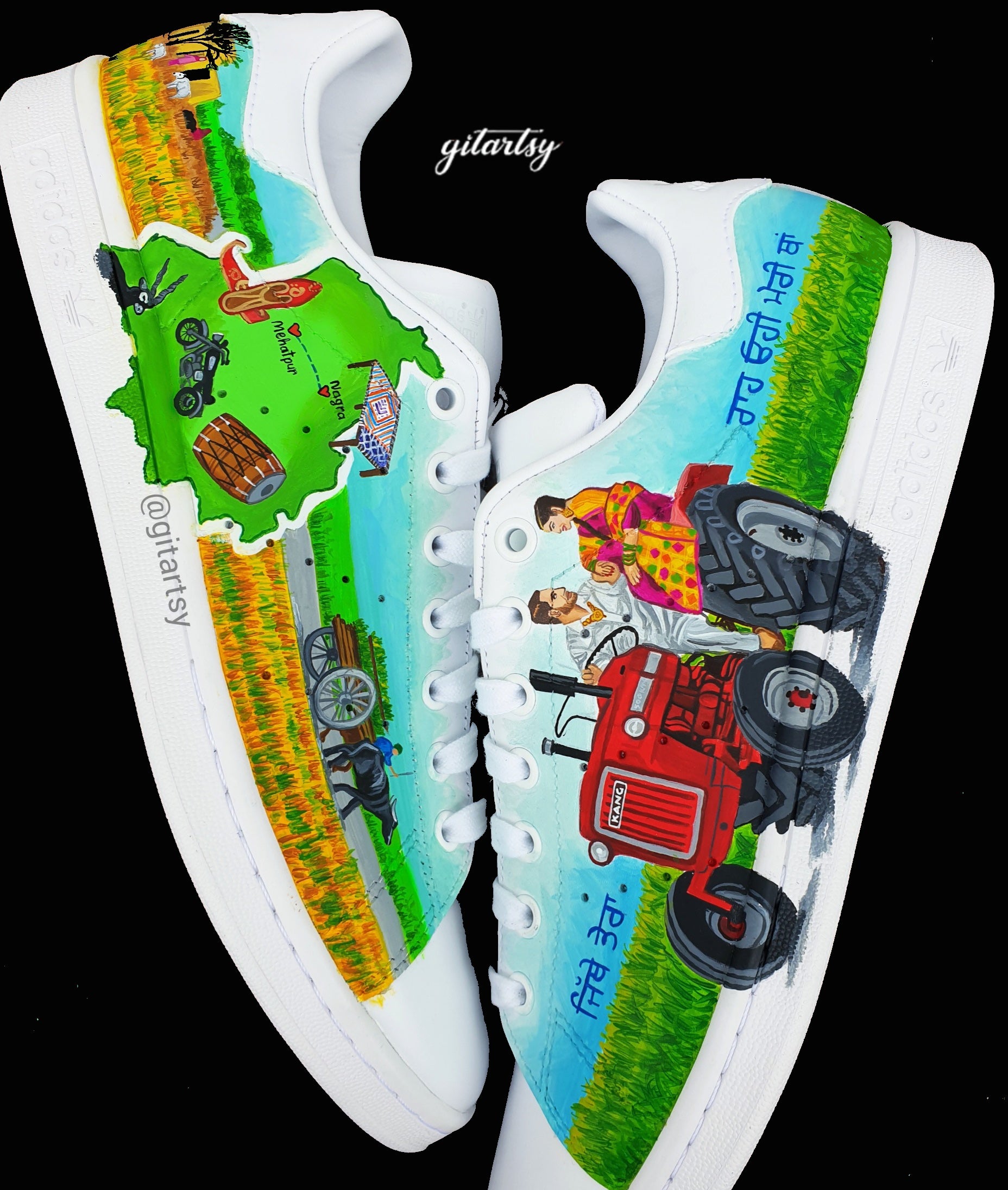 Hand-painted Adidas sneakers featuring Punjab map and pind wedding details