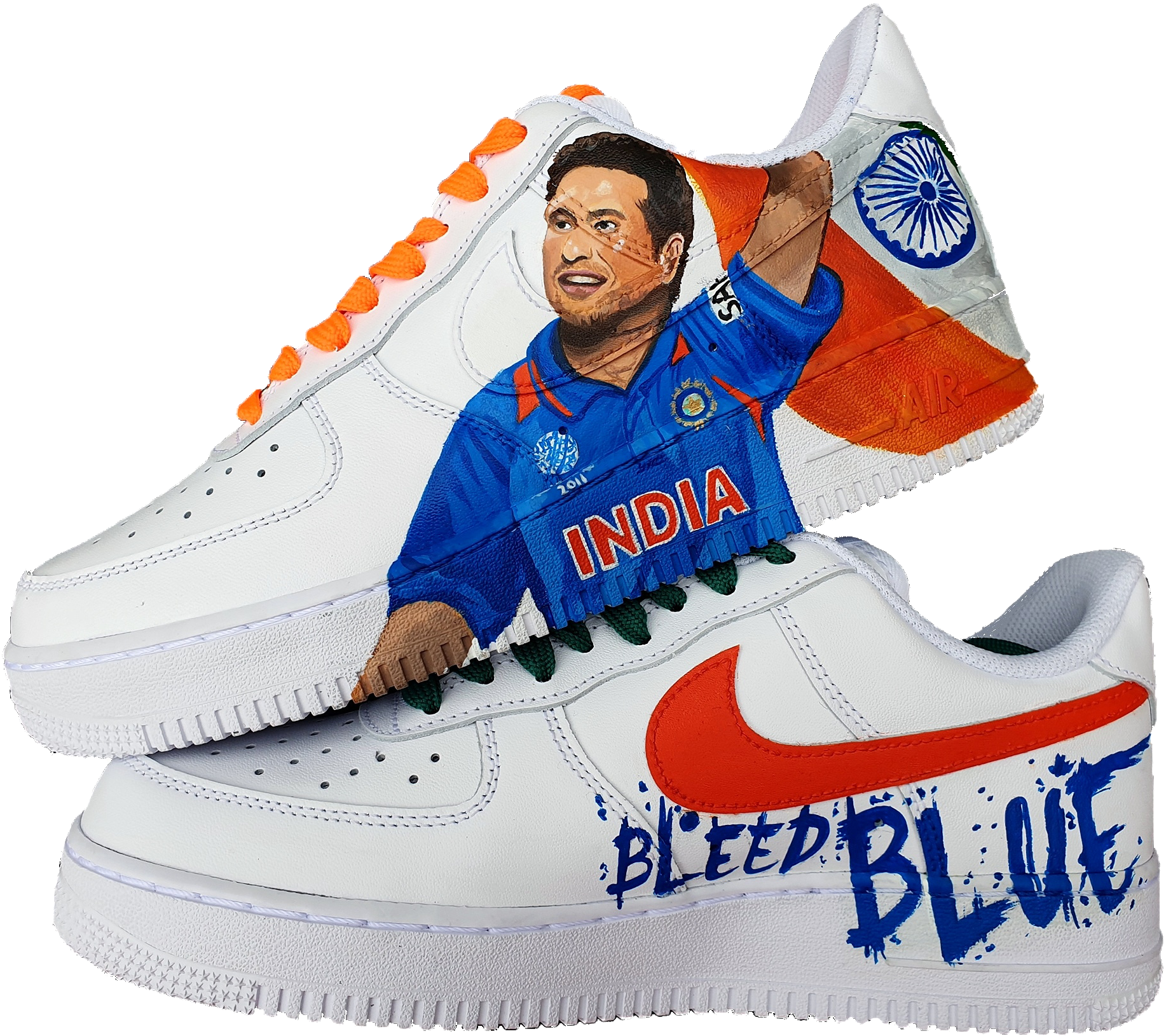 Hand-painted Nike AF1 with Sachin Tendulkar portrait and India flag,& BCCI logo, Ashoka Chakra and “Bleed Blue” artwork