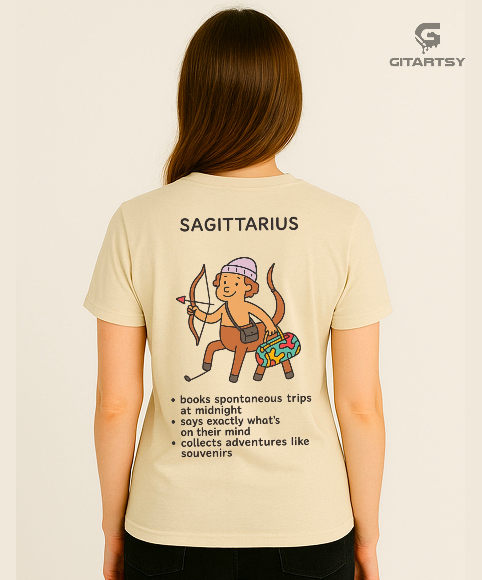Sagittarius Zodiac Sign T-Shirt – Funny Travel-Loving Cartoon Tee (Unisex) beige