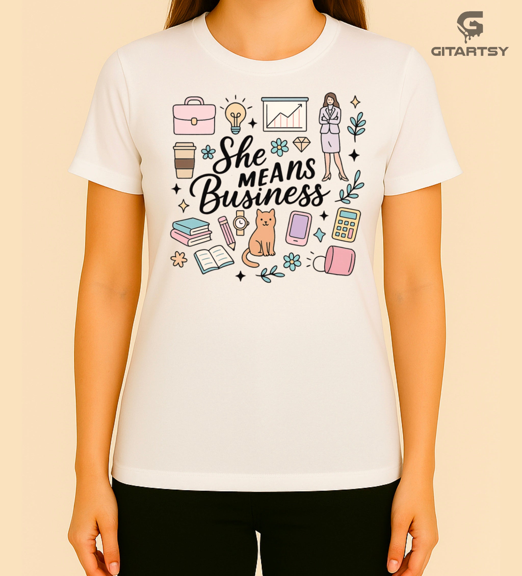 T-shirt with pastel business-themed illustrations and the phrase “She Means Business” – ideal for female entrepreneurs and businesswomen.