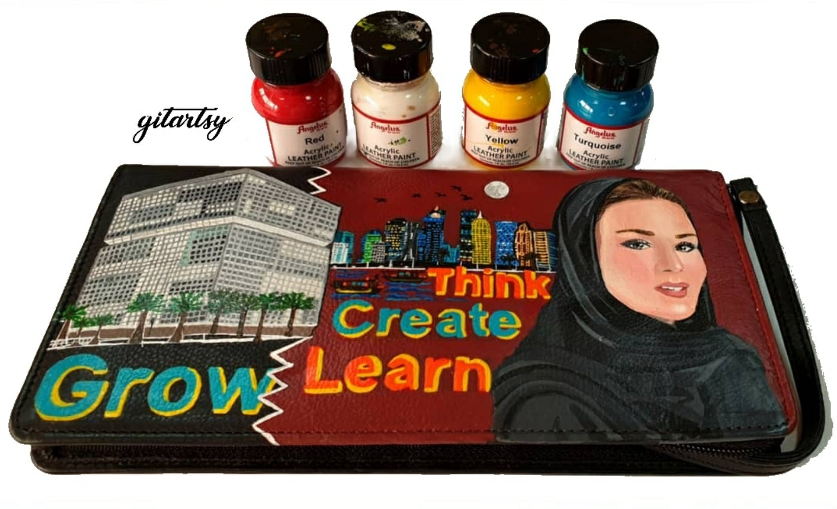 Custom hand-painted leather wallet featuring Sheikha Moza of Qatar