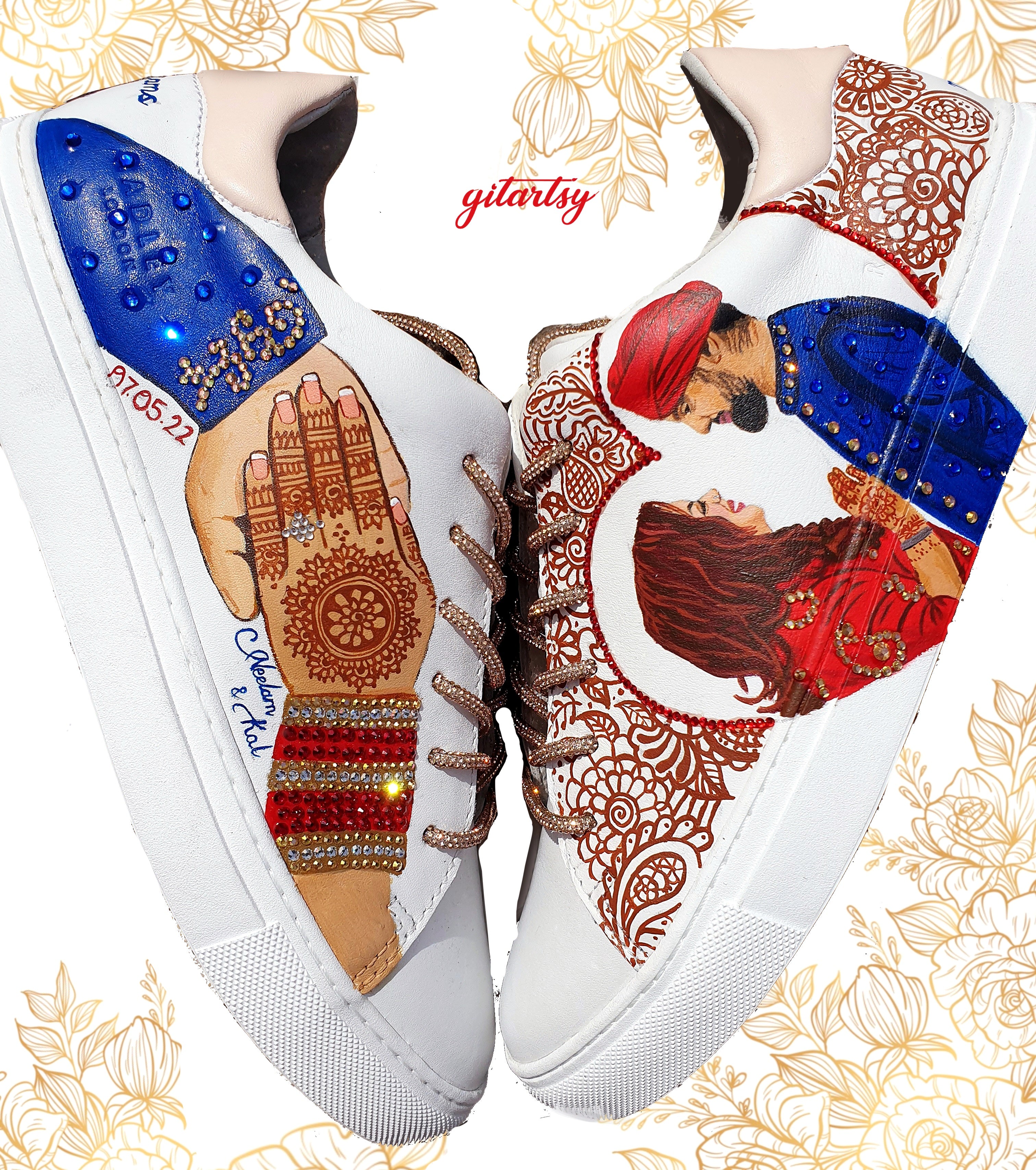 Sikh wedding custom sneakers with hand-painted portraits and mehndi details