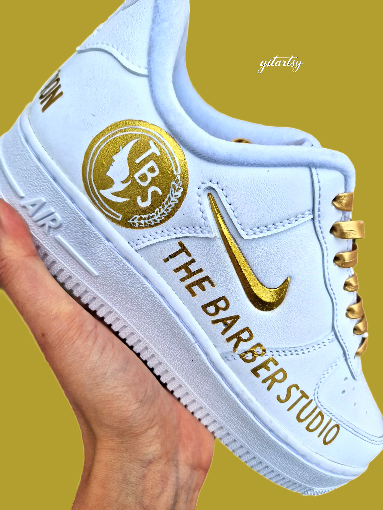 The Barber Studio - TBS brand-  custom hand painted sneakers for businesses and brands  - unique branding shoes