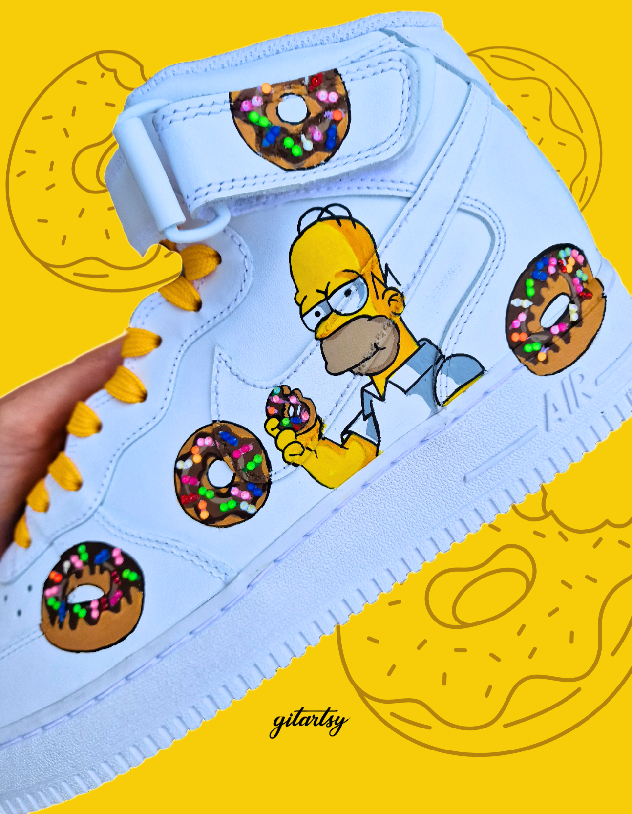 Nike sneakers decorated with Homer Simpson and colorful donuts