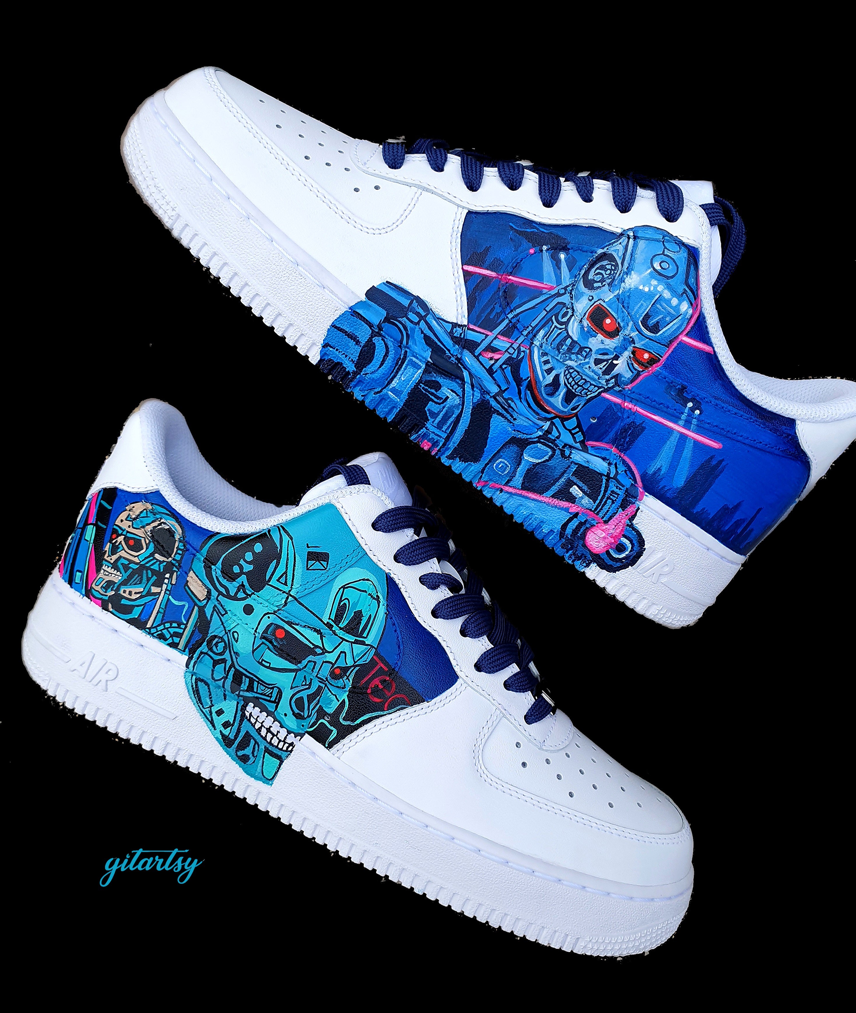 Hand-painted cybernetic art on Terminator-themed Nike Air Force 1s