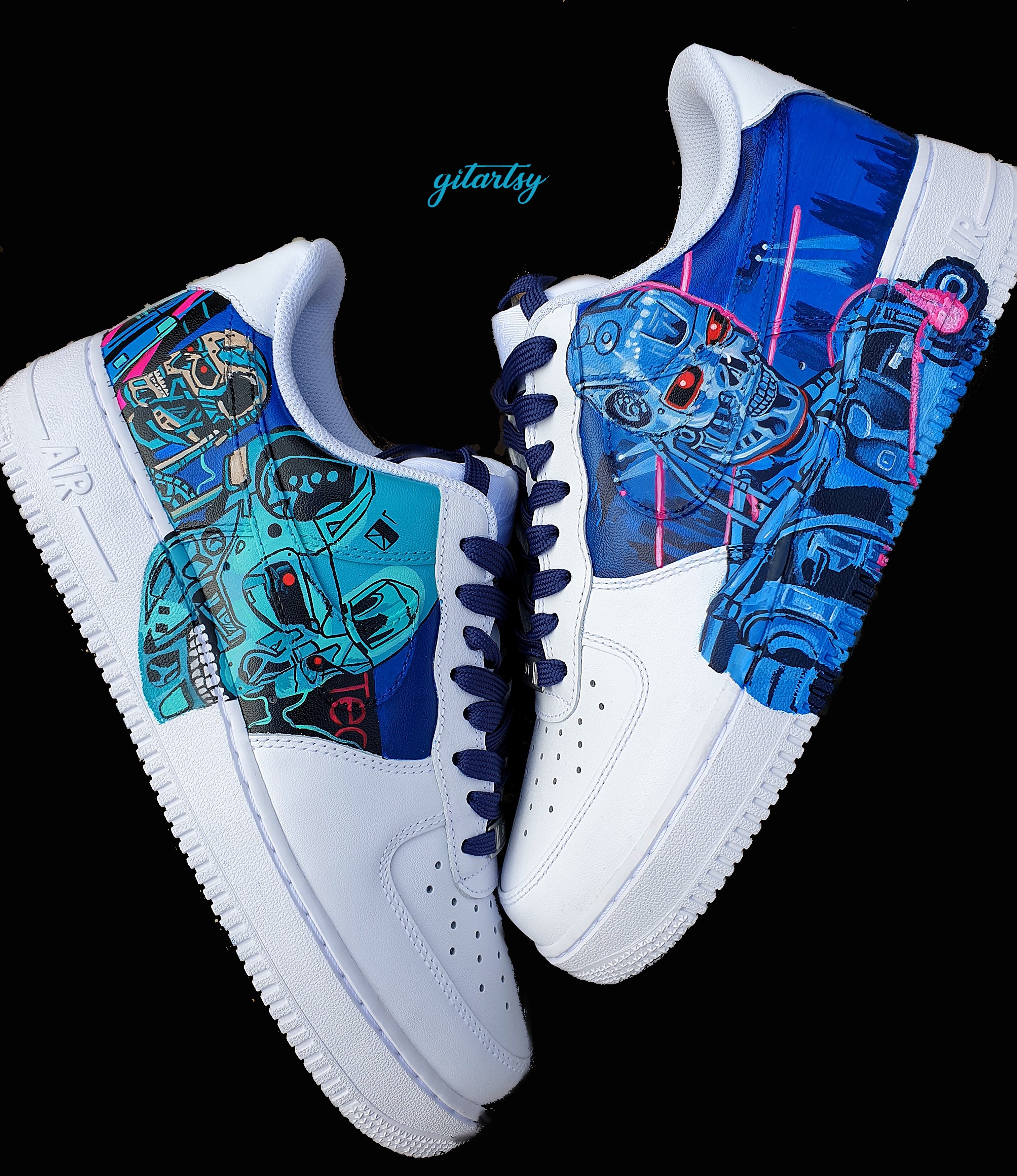 Nike sneakers featuring detailed artwork of the Terminator mask