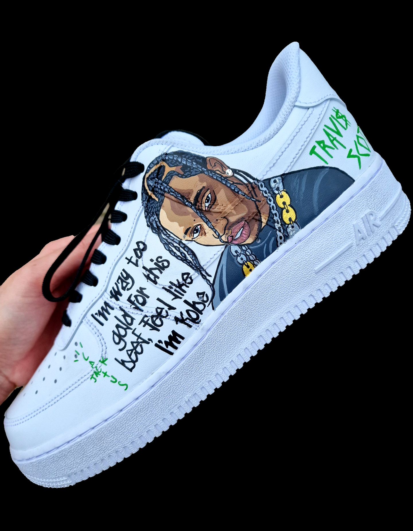 Custom hand-painted Nike Air Force 1 sneakers featuring a highly detailed and realistic portrait of rapper Travis Scott with braided hair and a gold chain. The shoes showcase bold green Nike swooshes with "ASTROWORLD" themed typography and colorful globe detail, alongside handwritten song lyrics and phrases like "Cactus Jack" and "Travis Scott" on a clean white leather base. Designed for streetwear and music fans, the sneakers embody high craftsmanship and custom artistry.