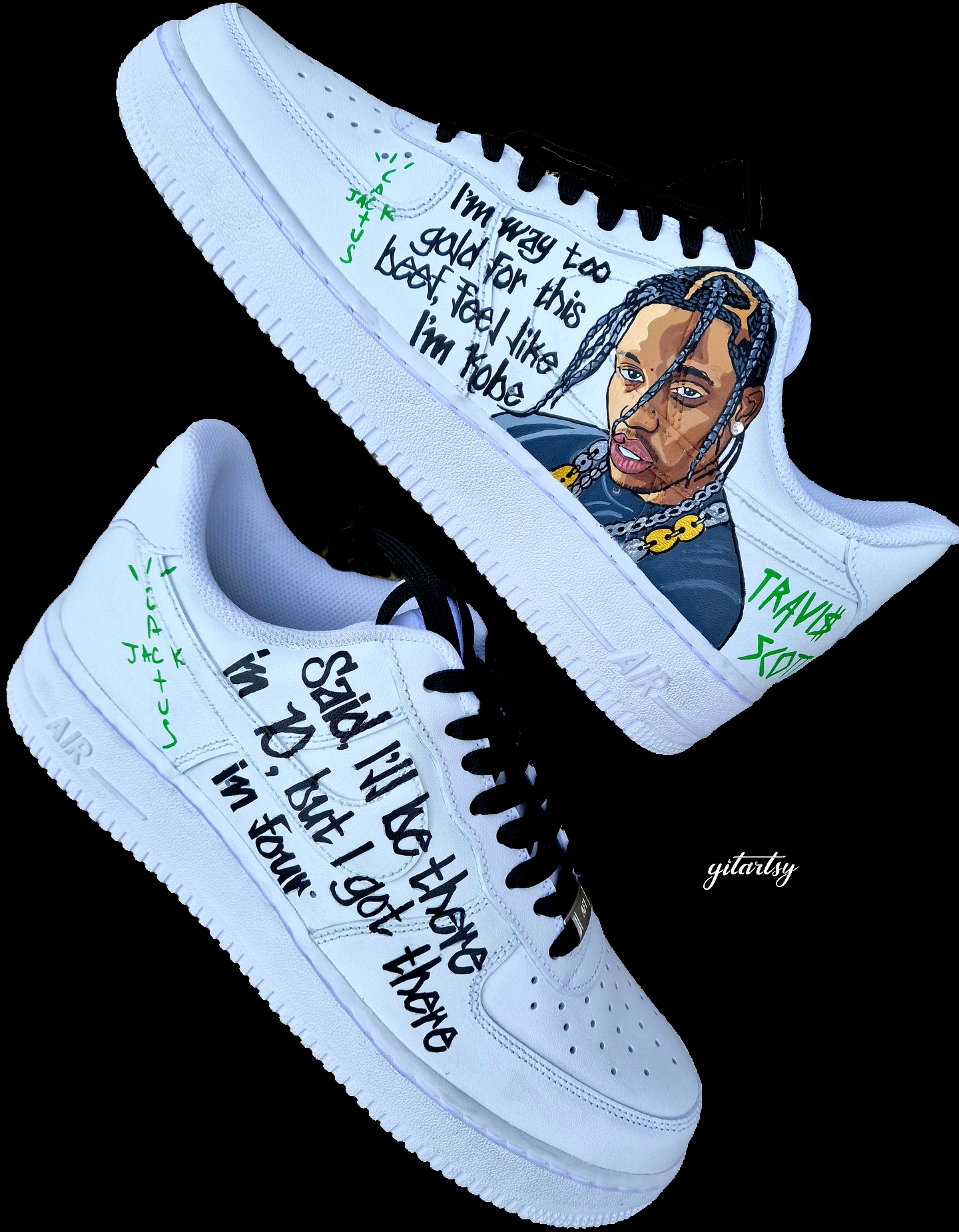 Custom hand-painted Nike Air Force 1 sneakers featuring a highly detailed and realistic portrait of rapper Travis Scott with braided hair and a gold chain. The shoes showcase bold green Nike swooshes with "ASTROWORLD" themed typography and colorful globe detail, alongside handwritten song lyrics and phrases like "Cactus Jack" and "Travis Scott" on a clean white leather base. Designed for streetwear and music fans, the sneakers embody high craftsmanship and custom artistry.