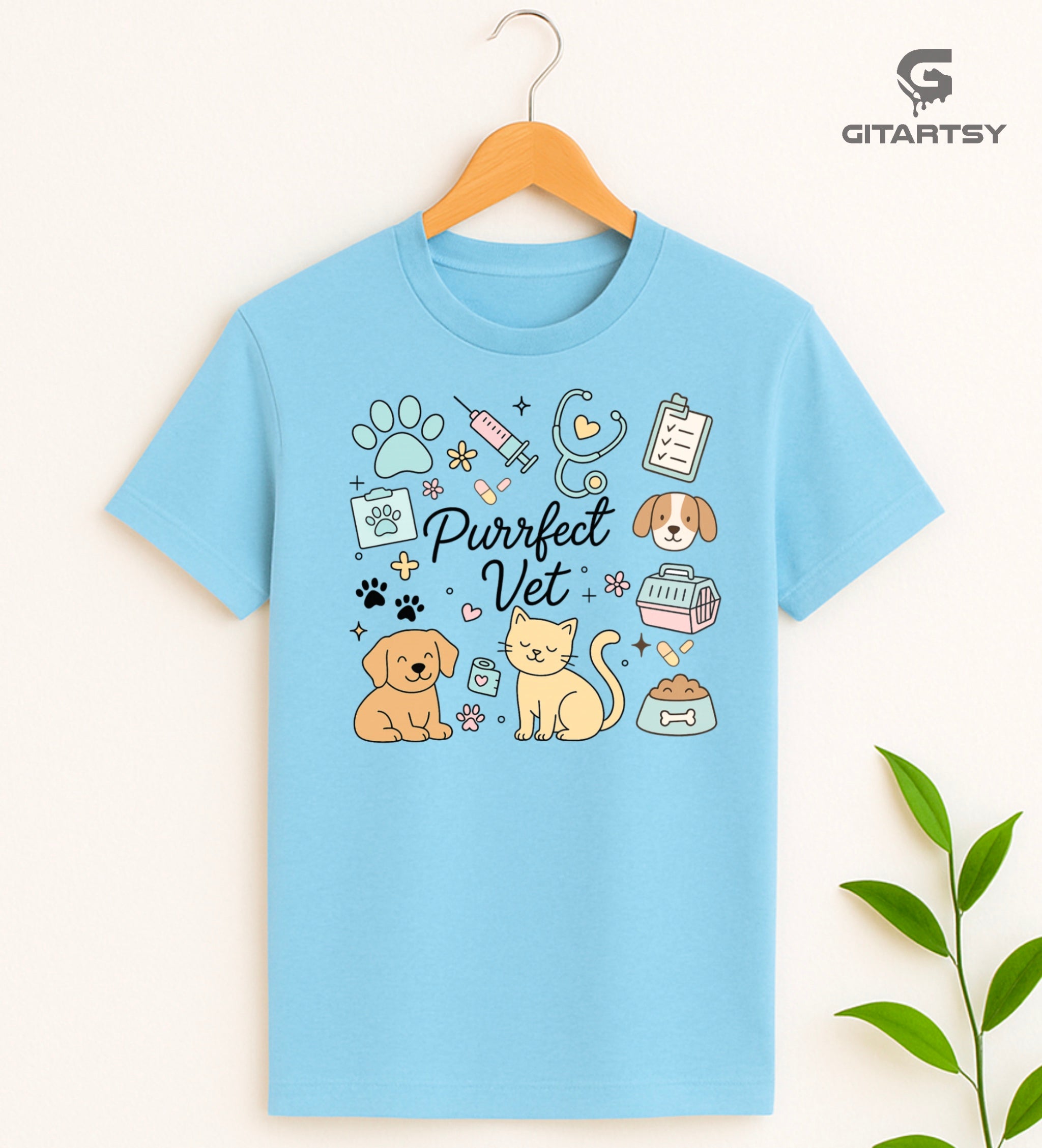 Blue t-shirt with pastel animal-themed illustrations and the phrase "Vet Life" – a perfect cotton tee for veterinarians and vet nurses.