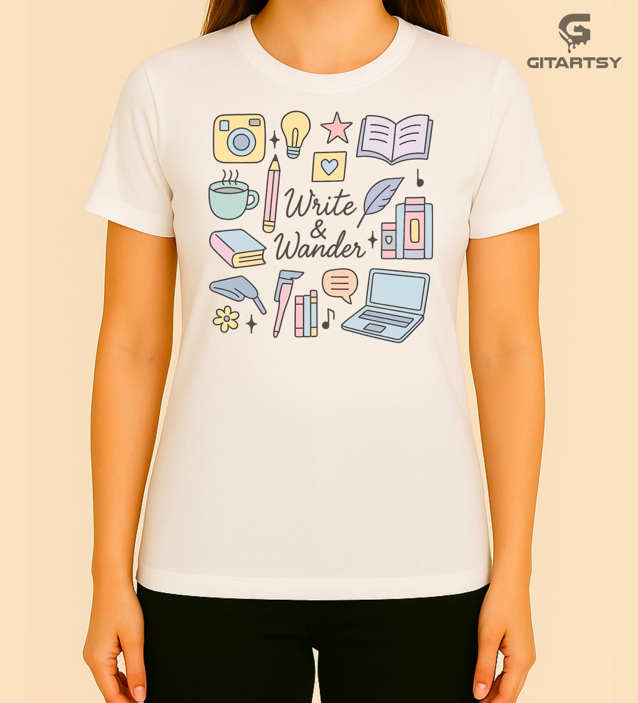 Pastel "Write & Wander" T-shirt featuring hand-drawn illustrations of books, coffee, laptop, pencil, camera, light bulb, and writing icons on a soft cotton fabric – ideal for writers, bloggers, and book lovers.