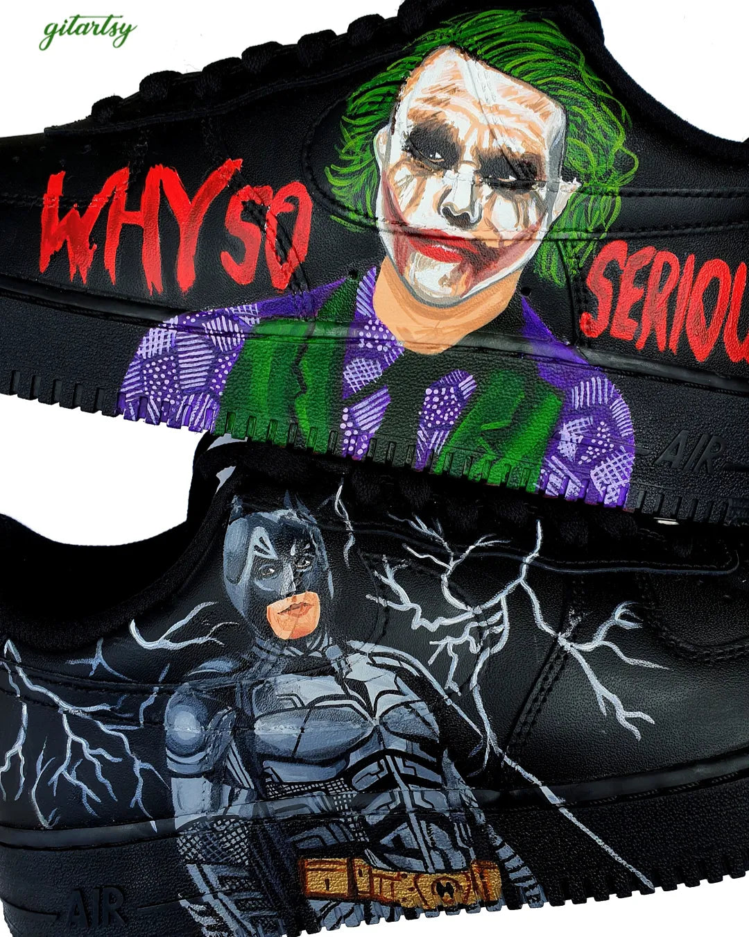 Batman and Joker portraits painted on black Nike AF1 sneakers with 'why so serious' written on them - zoomed in view