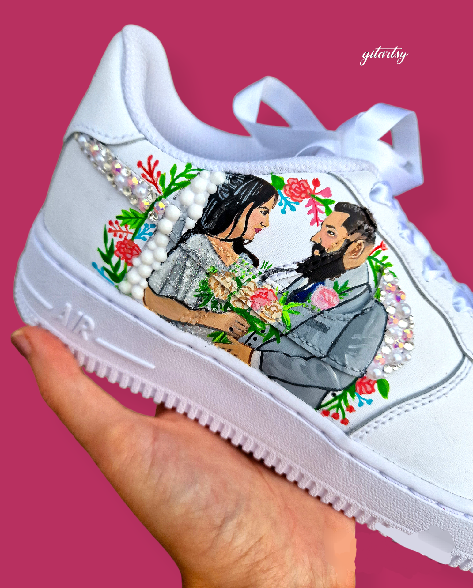 Mr and mrs bridal couple realistic portraits hand painted on white nike af1 sneakers - perfect bridal gift custom made with a floral border full of crystals