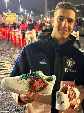 Footballer Diogo Dalot manchester united - holding gitartsy custom hand painted sneakers