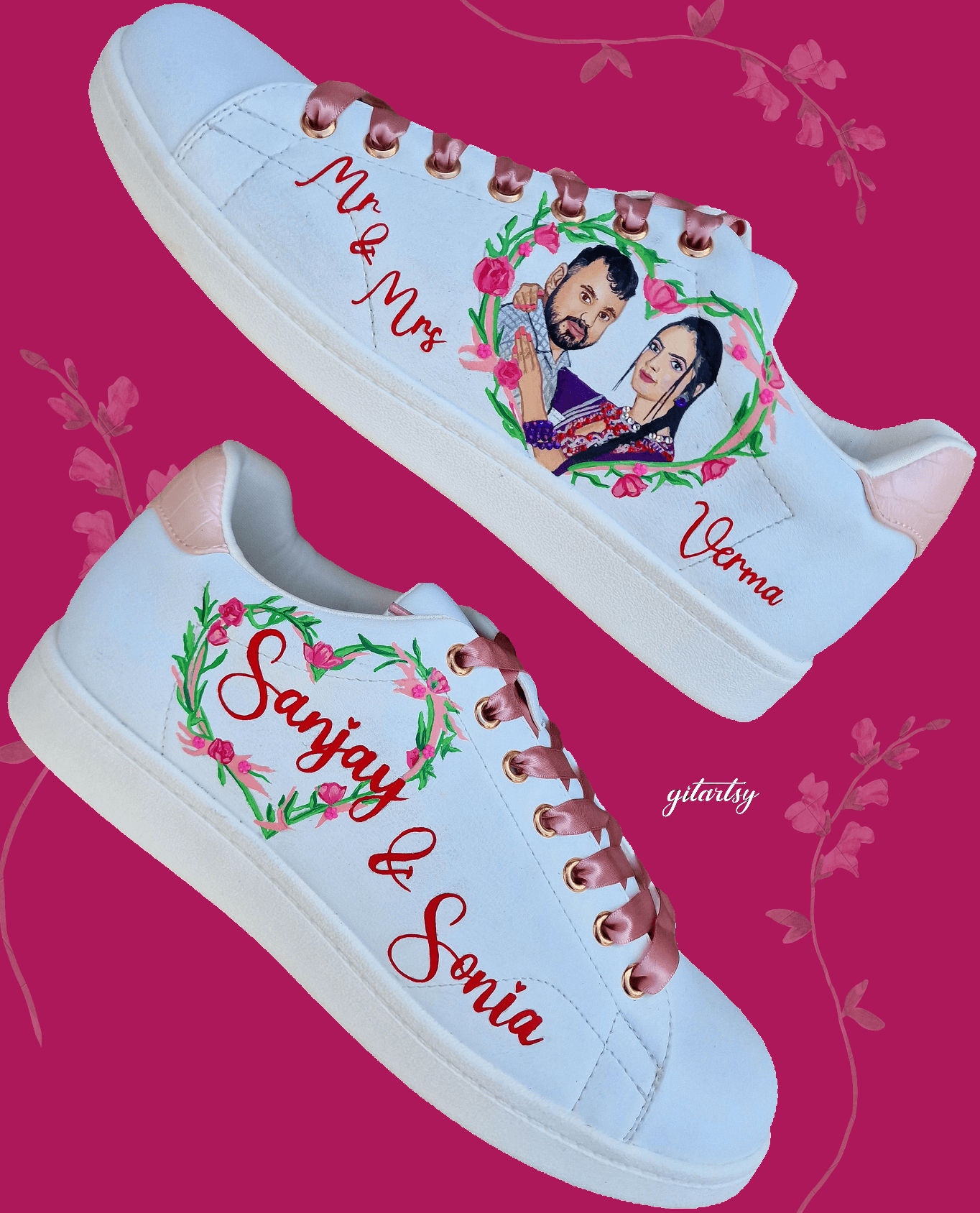 mr and mrs bridal couple realistic portraits hand painted on white sneakers - perfect bridal gift custom made for weddings
