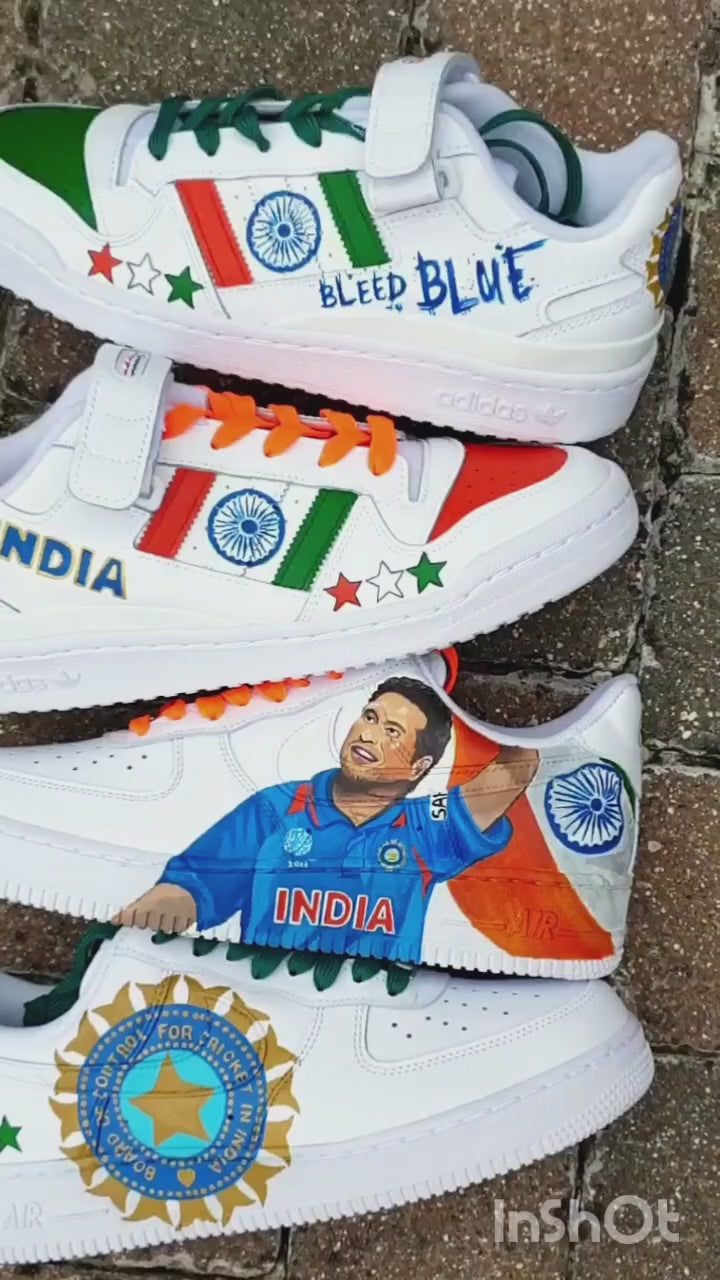 Hand-painted Nike AF1 with Sachin Tendulkar portrait and India flag,& BCCI logo, Ashoka Chakra and “Bleed Blue” artwork