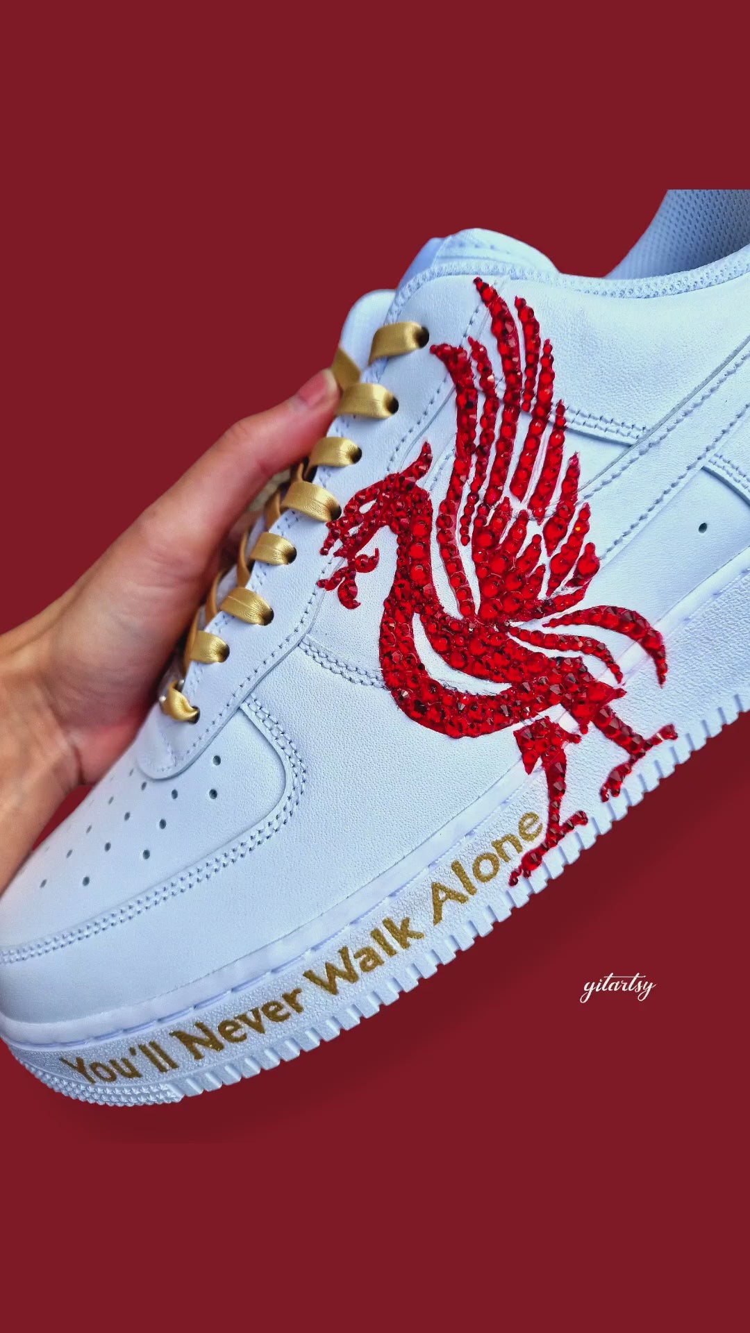 Custom Nike Air Force 1 sneakers showcasing Liverbird crystal art with initials