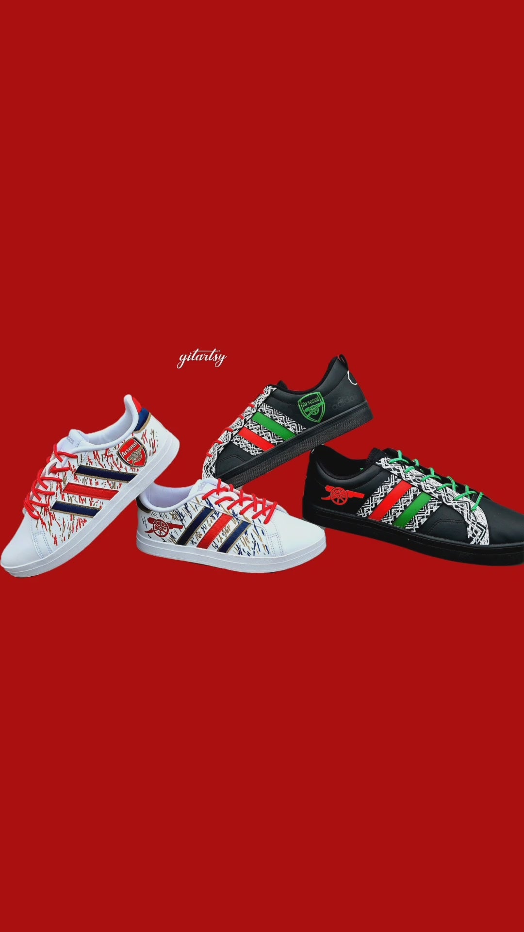 Arsenal FC Football Custom Hand-Painted Adidas Sneakers - Hand Painted with red, gold and blue artistic brushstrokes. Realistic arsenal fc logo and gunners logo