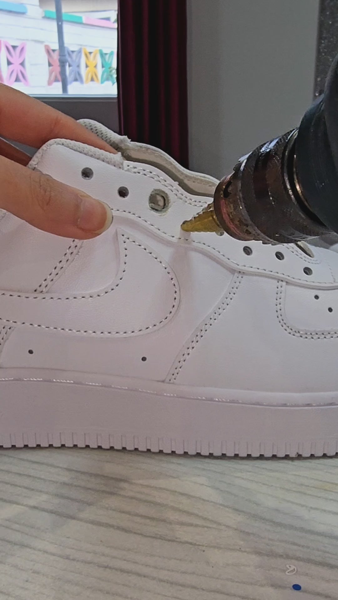 Nike AF1 with Thick Rope Laces – Custom Drilled Design with 10mm thick rope shoelaces in white sneakers. Process video