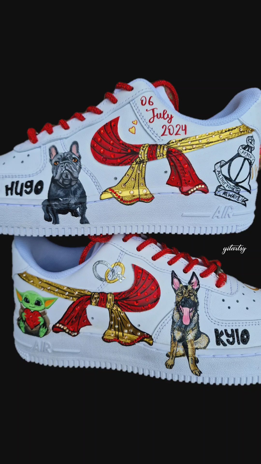 Custom bridal Nike AF1s with hand-painted love story icons  - pet dogs and indian knot