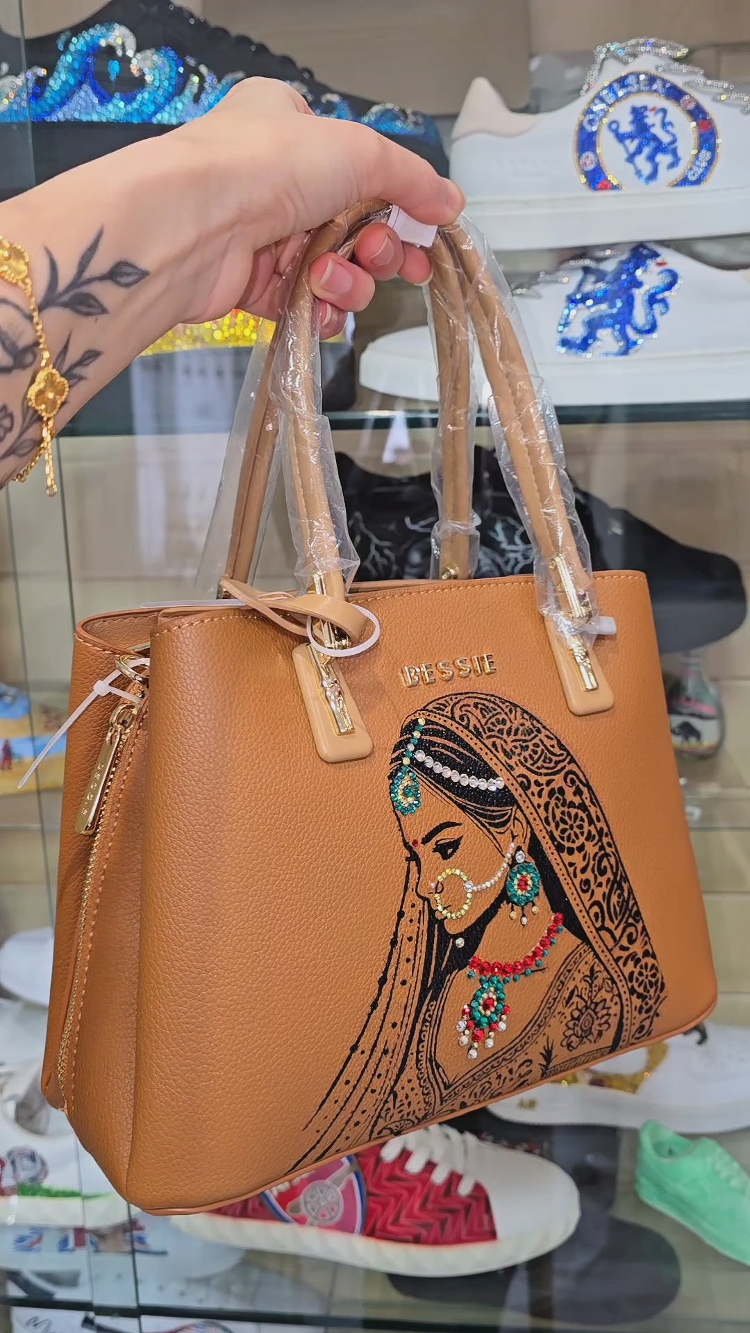 Hand painted indian bride brown bessie london bag - painting process. created with angelus paints and crystals