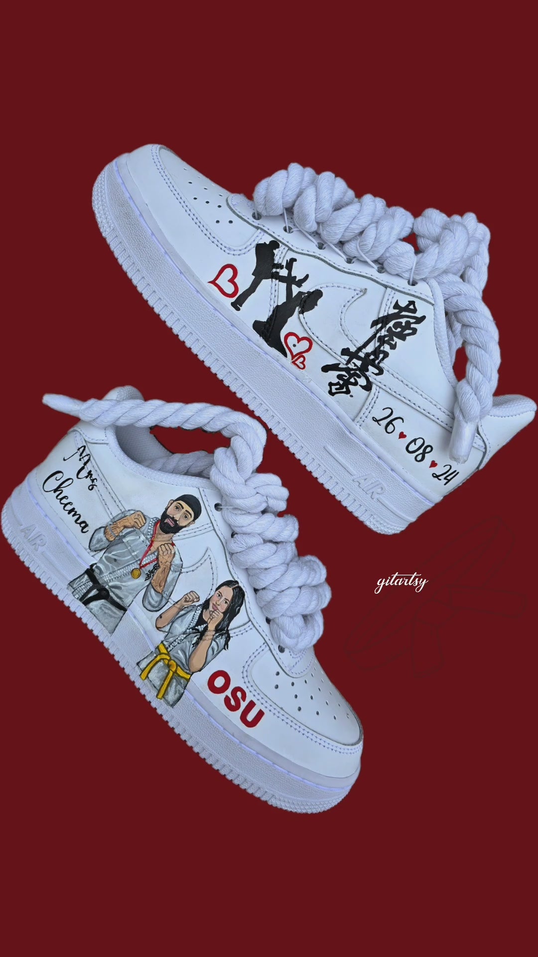 Nike AF1s with detailed portraits of couple in karate attire  - love story painted on the sneakers