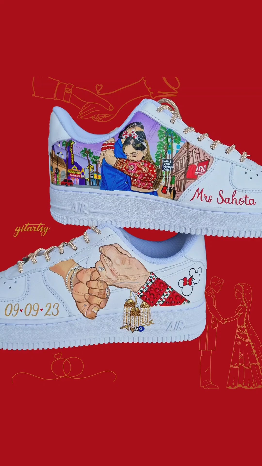 Custom hand painted Nike AF1s - indian bridal theme with bride groom in lehenga - New york proposal love story art sneakers