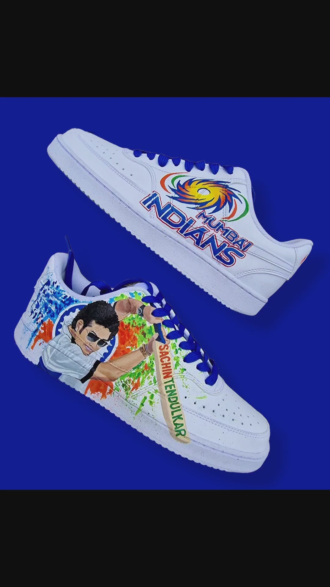 Custom painted Mumbai Indians sneakers with Sachin Tendulkar realistic portrait, Mumbai Indians logo and blue accents & Customisable IPL sneakers for any player – vibrant and fan-inspired