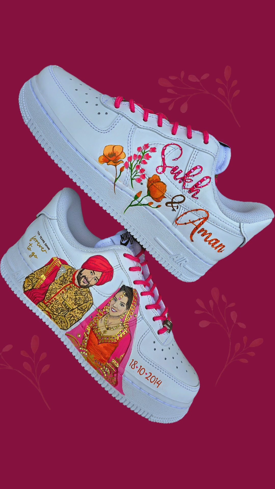 Indian wedding couple bridal custom sneakers - Nike AF1 sneakers with crystals - painting process