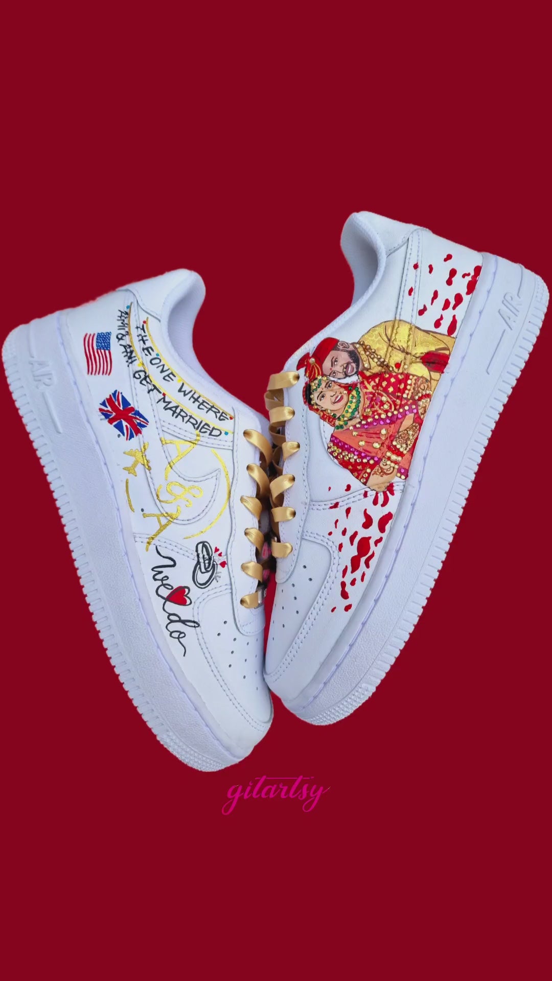 Nike sneakers painted with Indian bride and groom love story