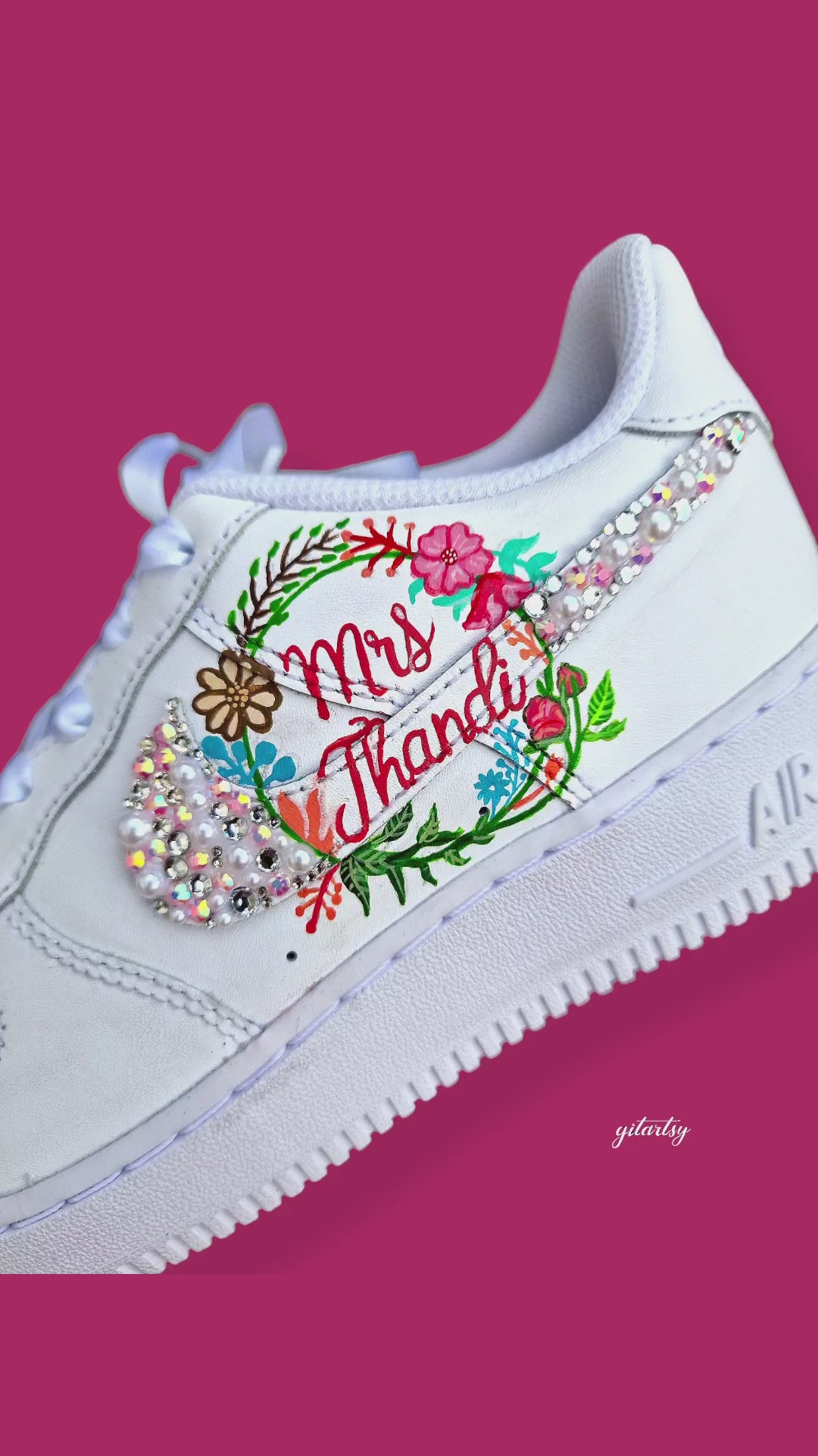 Mr and mrs bridal couple realistic portraits hand painted on white nike af1 sneakers - perfect bridal gift custom made with a floral border full of crystals