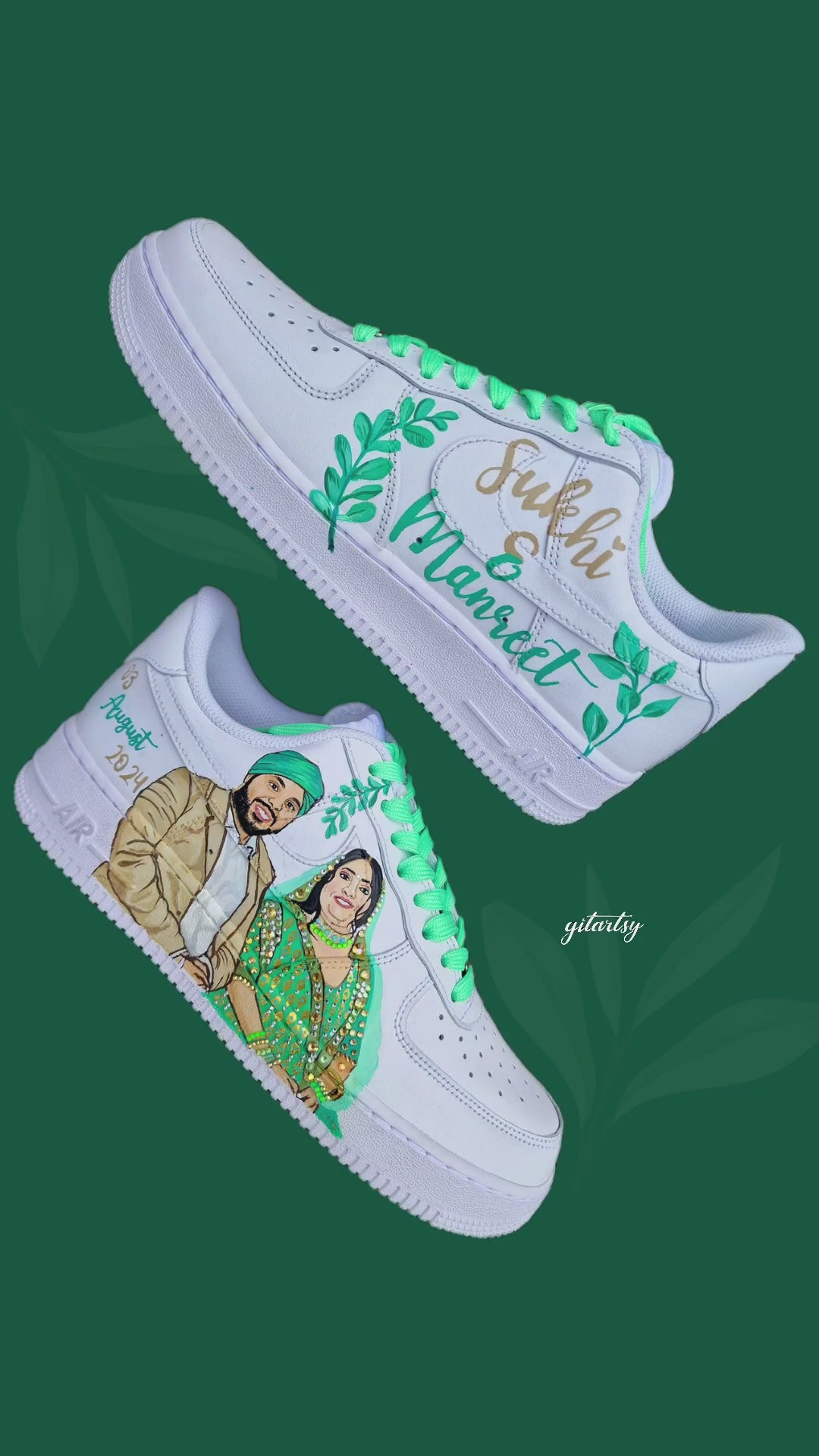 Couple wedding custom Nike AF1 sneakers - hand painted for brides. Customise your own wedding sneakers with the bride and groom to-be portraits painted realistically on a pair of Nike AF1s - punjabi sikh couple