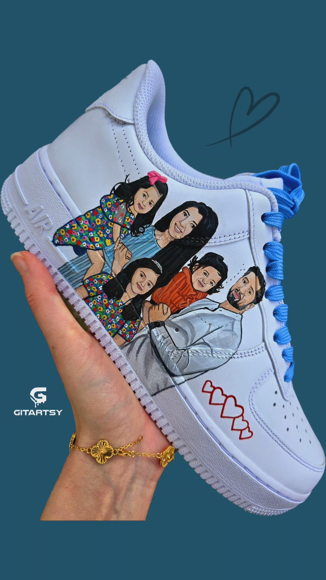 Custom Family Portrait Nike AF1 Sneakers – Hand-Painted, Realistic Art with 5 Family Members illustrated - mum dad and three children