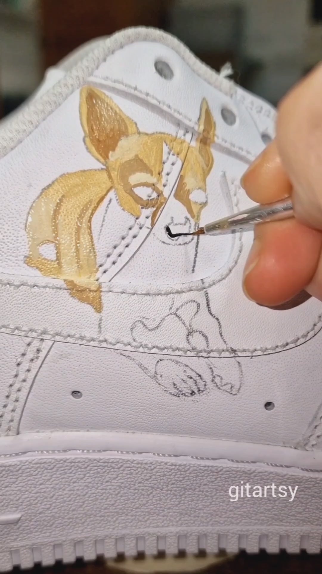 Hand painted Nike AF1 sneakers white with realistic pet portraits of dogs painted with brown and black stripes. These can be customised with any pet art. Custom pet name also added