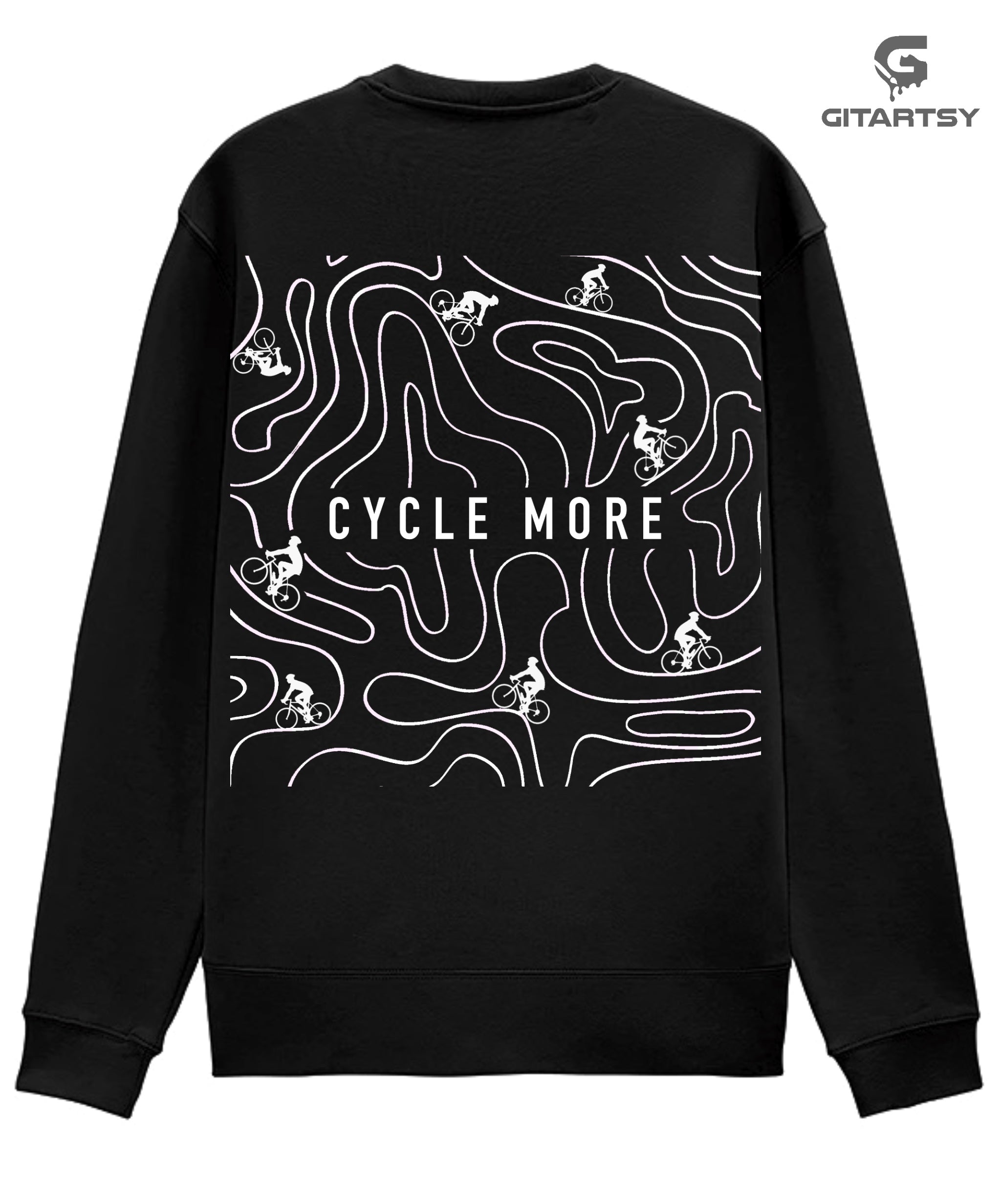 cycle more text sweatshirt with paths and  roads like a maze illustration at the back in a large size with lots of small bicycles and cyclists riding
