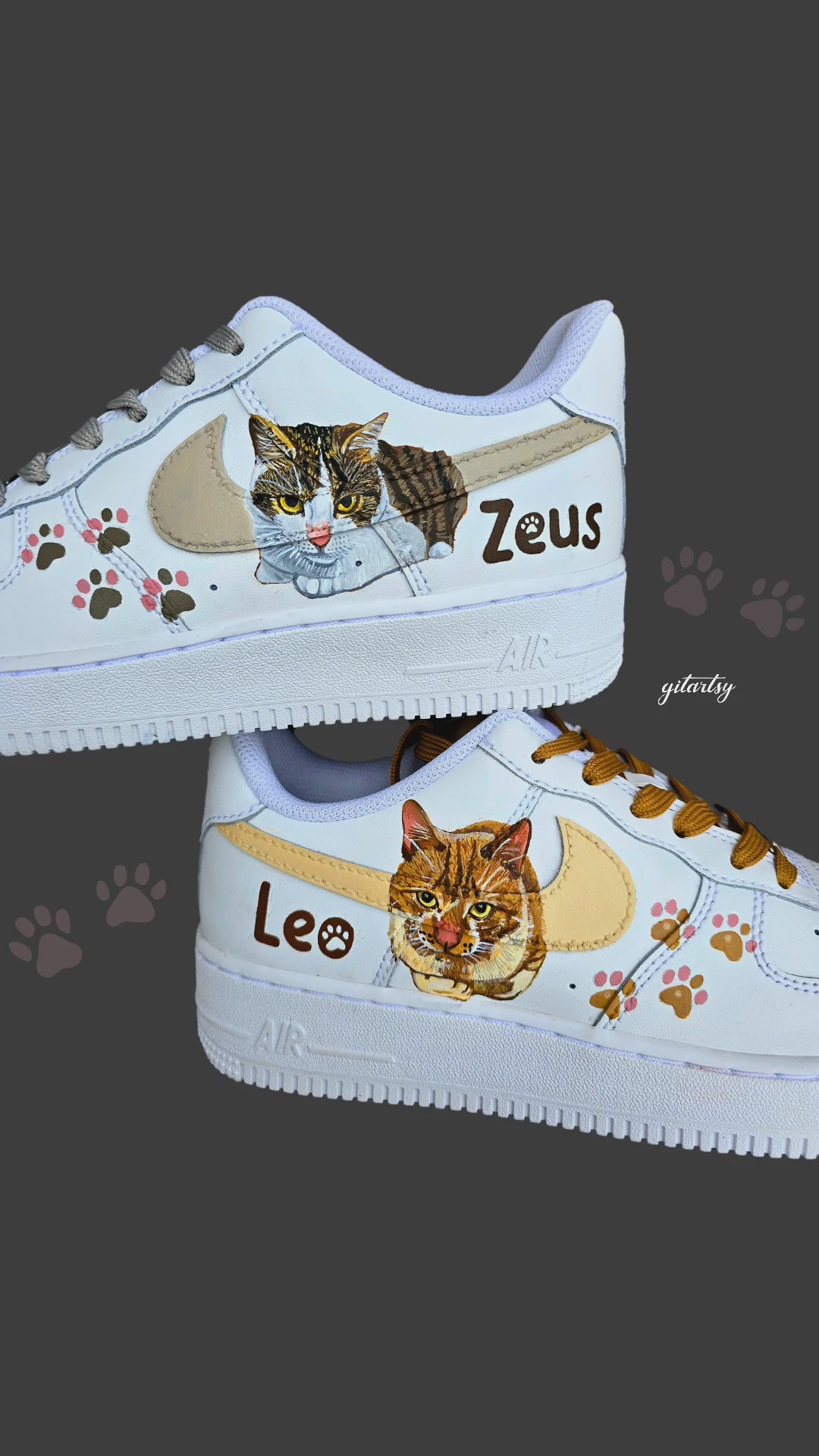 Hand painted Nike AF1 sneakers white with realistic pet portraits of cats and kittens painted. These can be customised with any pet art. Custom pet name also added with paws
