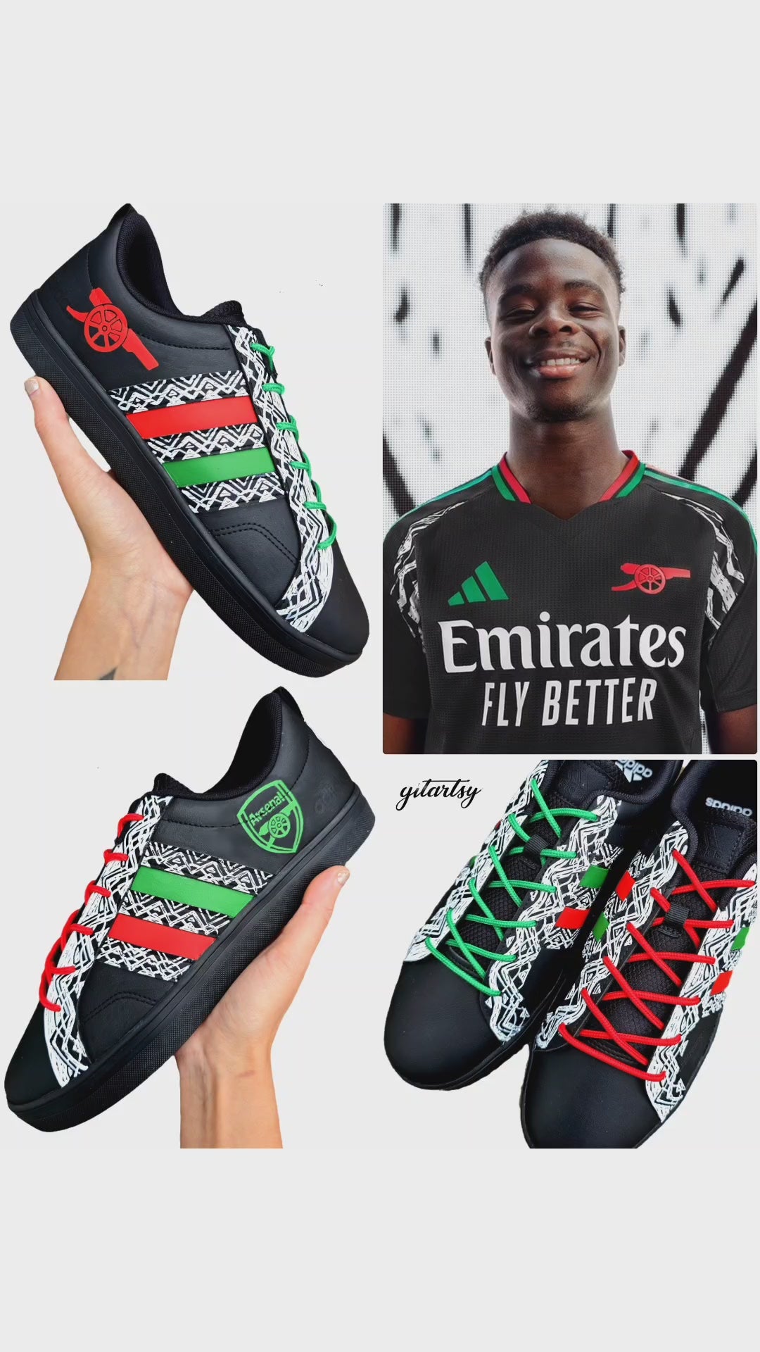 Hand painted custom Arsenal 24/25 Away Kit inspired Black Adidas shoes sneakers trainers. Painted with bold white African designs and colours - green, red and white on black. Arsenal fc logo painted in green