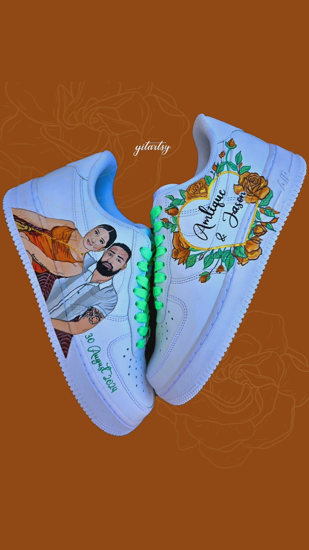 Couple wedding custom Nike AF1 sneakers - hand painted for brides. Customise your own wedding sneakers with the bride and groom to-be portraits painted realistically on a pair of Nike AF1s