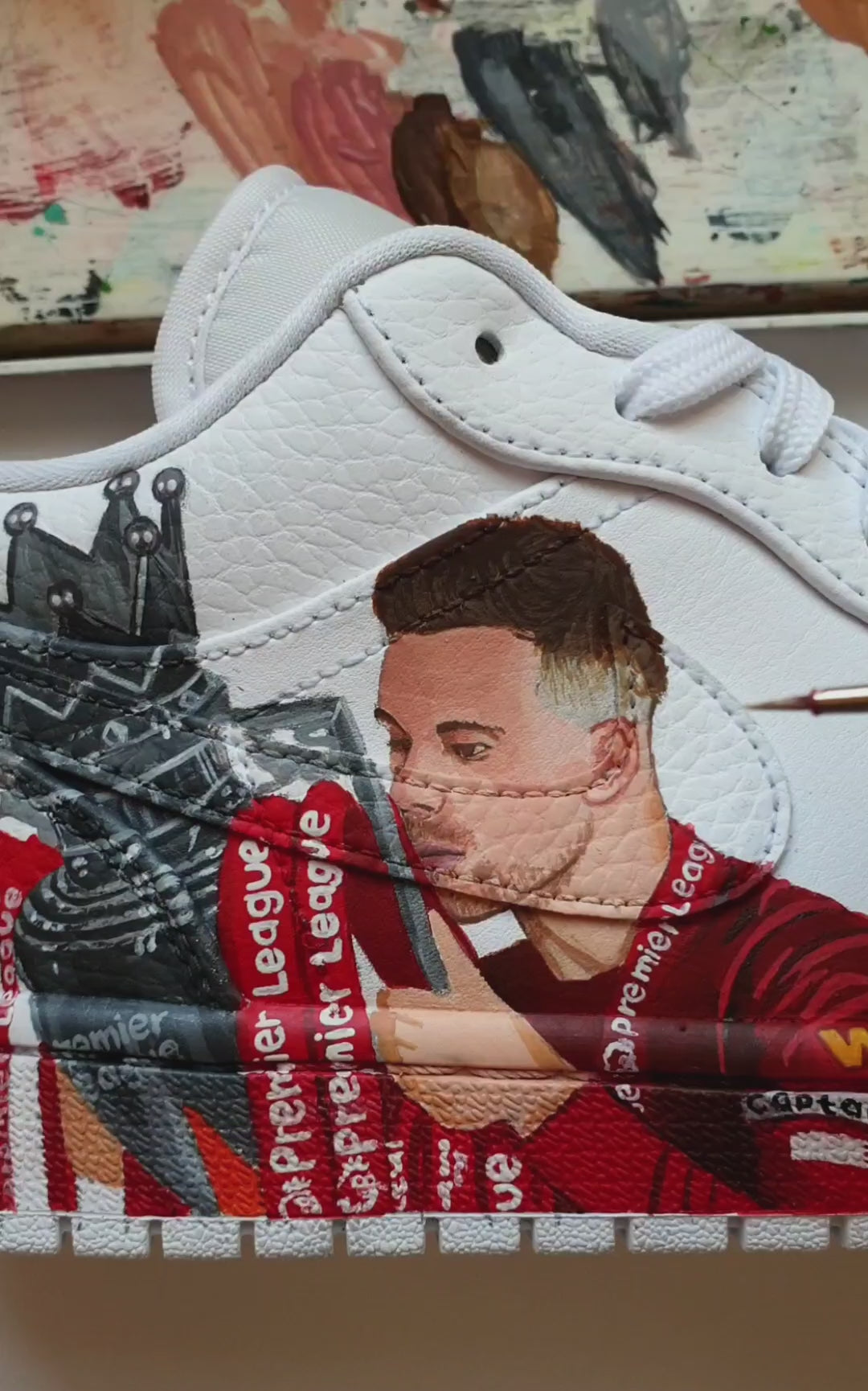 Nike Jordan sneakers with intricate hand-painted Henderson & Klopp Liverpool FC art