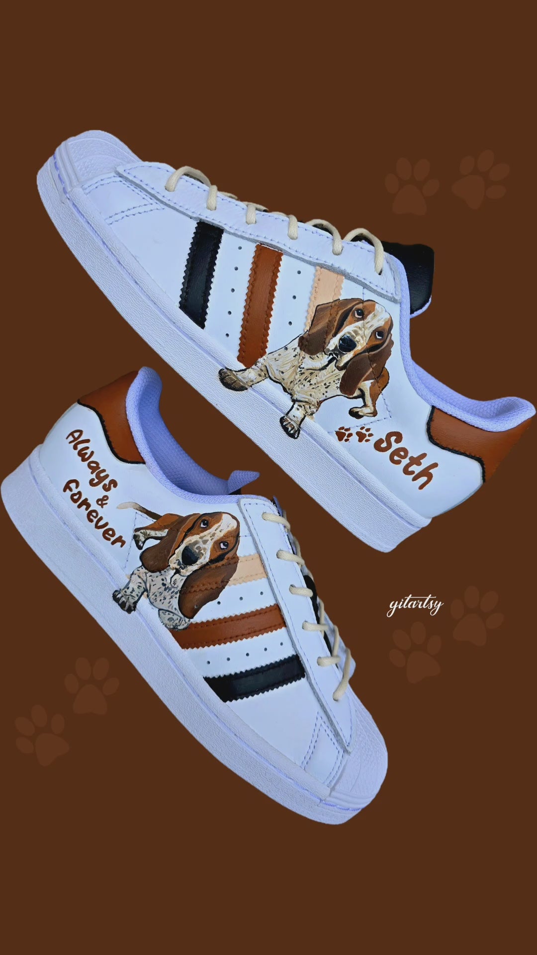 Hand painted Adidas sneakers white with realistic pet portraits of dogs painted with brown and black stripes. These can be customised with any pet art.